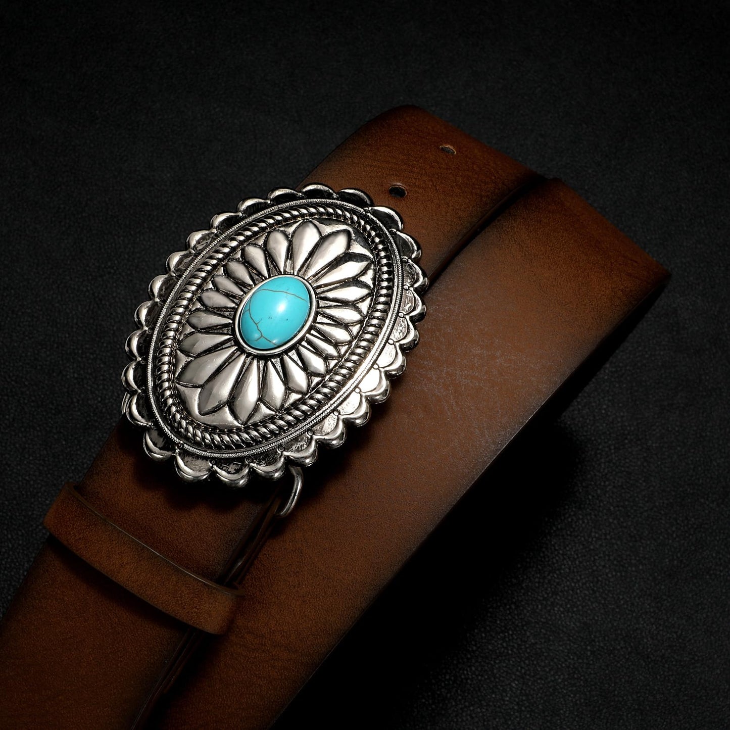 XZQTIVE Women Western Leather Belt Vintage Country Belts For Cowgirl Jeans Dresses Ladies Concho Belt With Turquoise Buckle