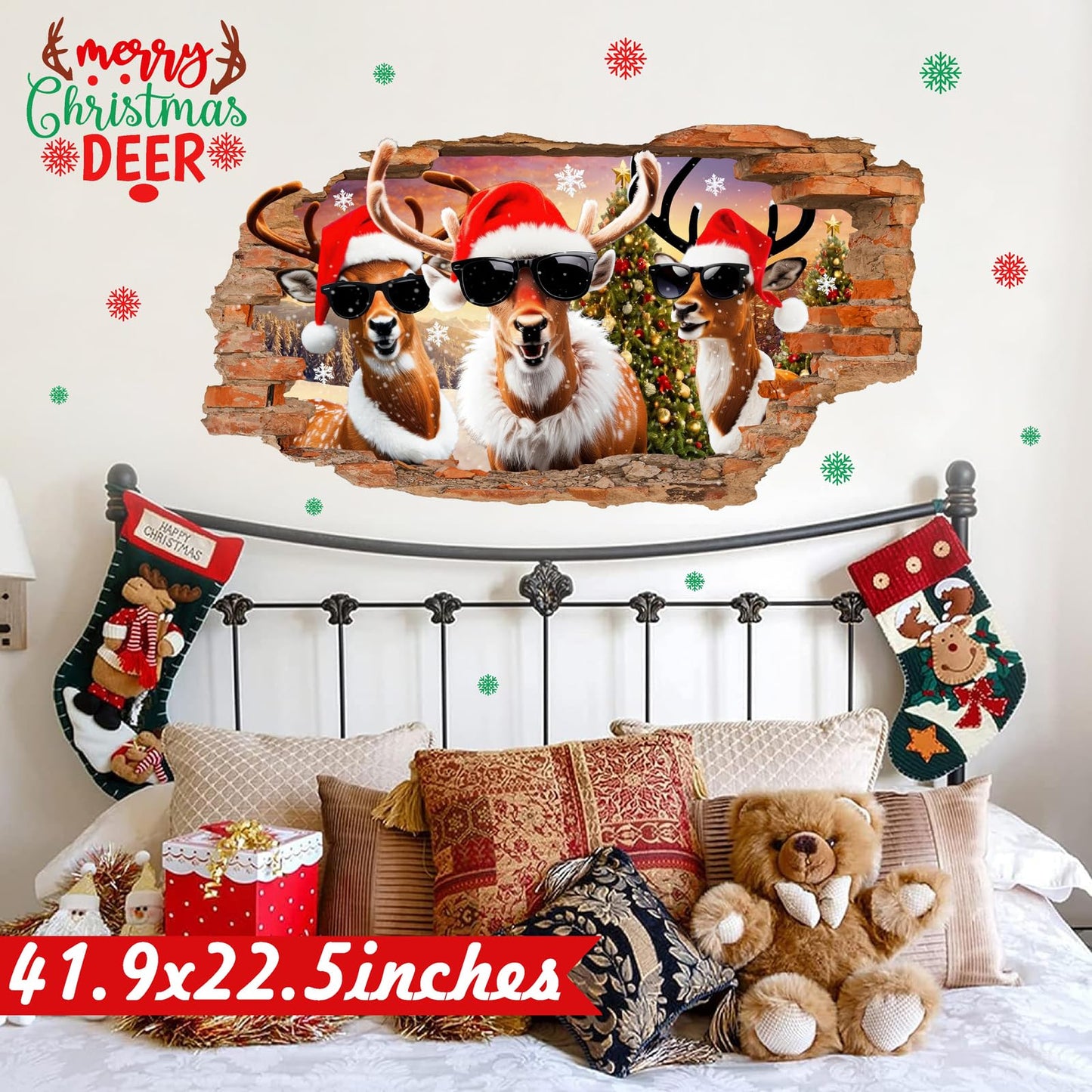 Christmas Wall Stickers Decoration Merry Christmas Wall Decals Peel and Stick 3D Winter Broken Walls Sticker Indoor Xmas Cartoon Deer Vinyl Art Mural for 2026 New Year Holiday Party Supplies