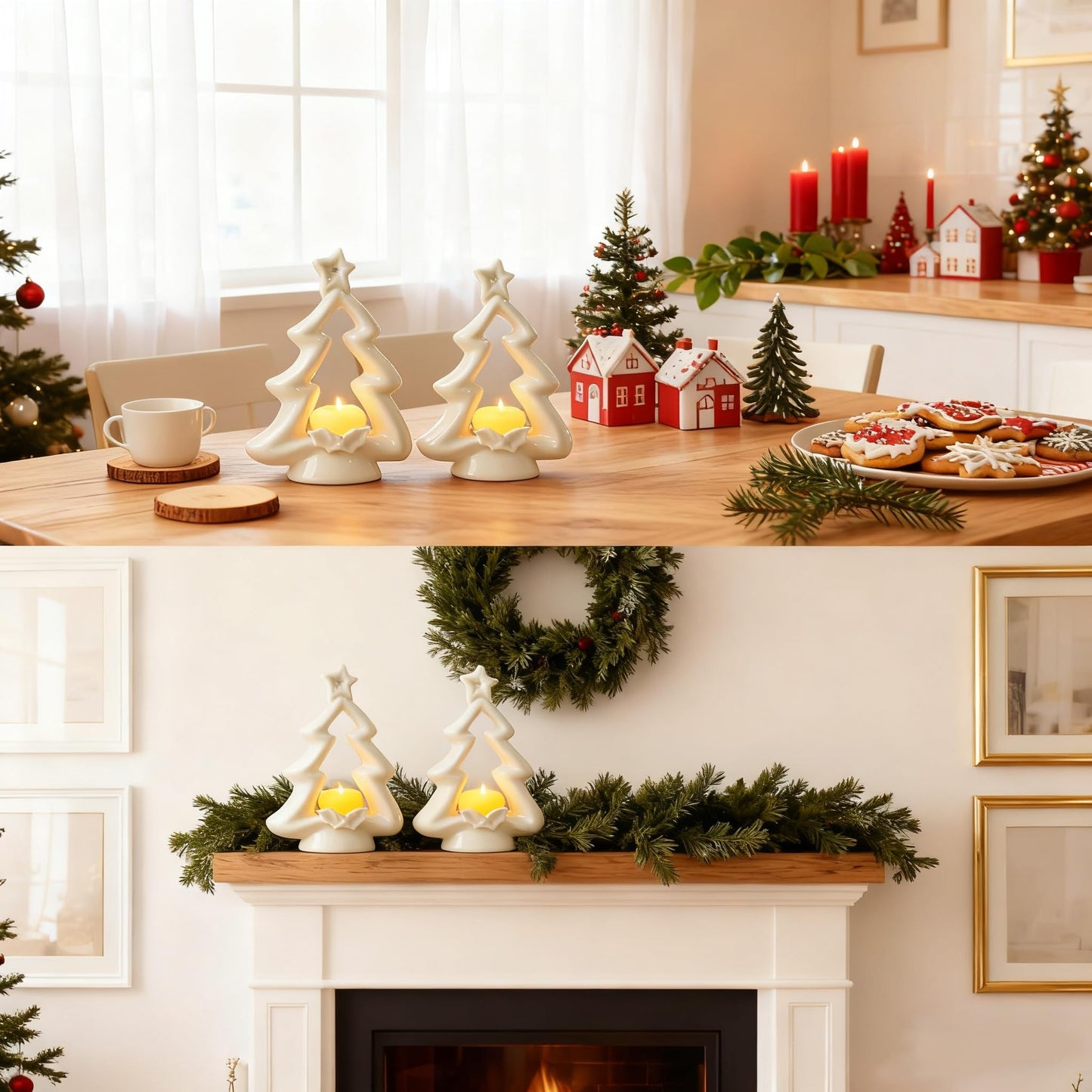 Pinkunn 2 Pcs Christmas Tree Candle Holders White Ceramic Christmas Tealight Votive Candles Holders Farmhouse Rustic Xmas Candlestick for Xmas Table Centerpiece Home Mantel Fireplace Decor
