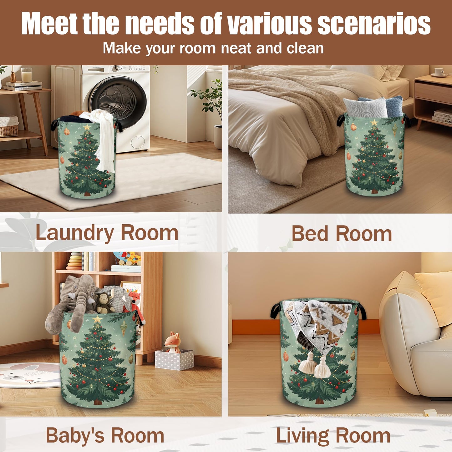 Christmas Tree Laundry Baskets,Laundry Hamper Storage Basket with Handles for Bathroom Bedroom College Dormitory Living Room Nursery Organizer 16"x20.8"