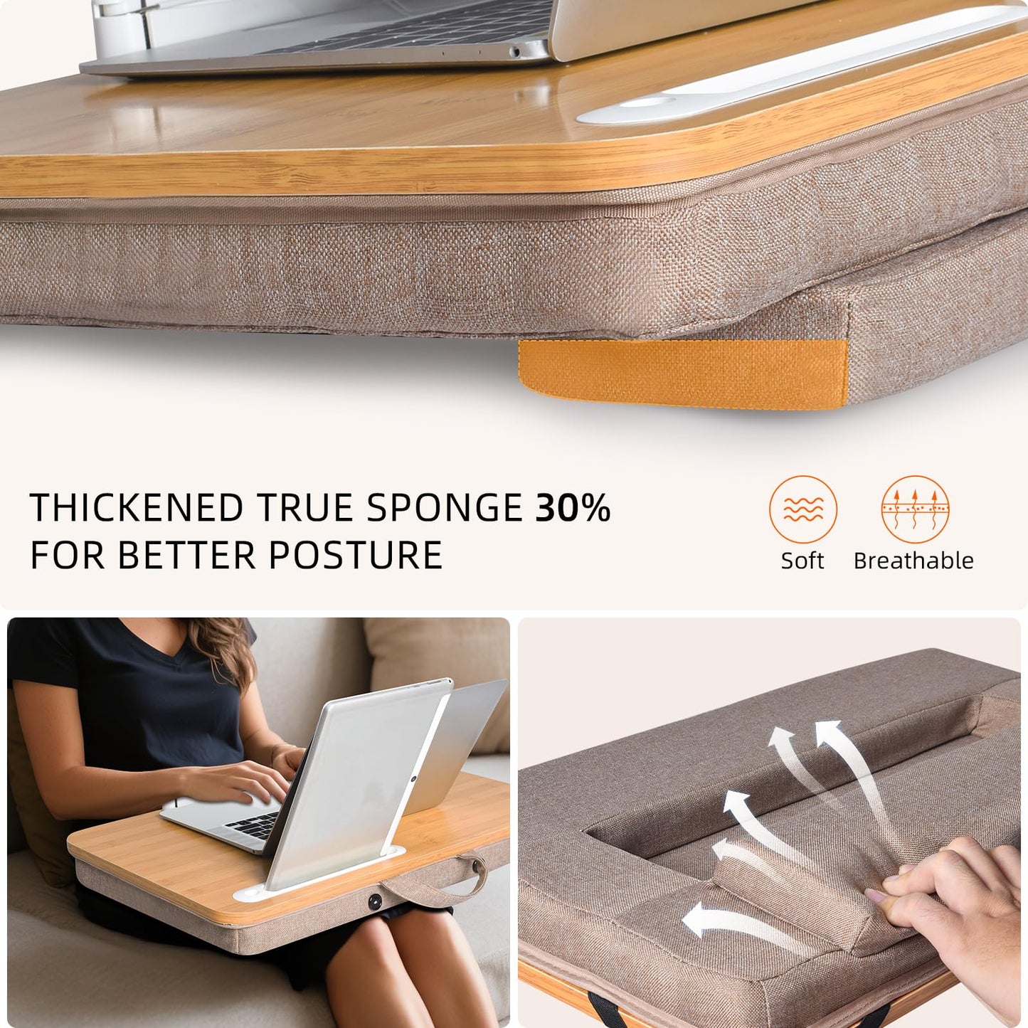Wishacc Portable Bamboo Lap Desk Tray, Natural Wood, Large 21.1 x 12.9 Inch, for Home Office
