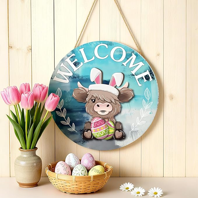 35 Pcs Christmas Interchangeable Highland Cow Welcome Sign Highland Cow Seasonal Wooden Hanging Door Decor Thanksgiving Farmhouse Hanging Sign for Front Door Xmas Party Decoration Gift(Lake Blue)