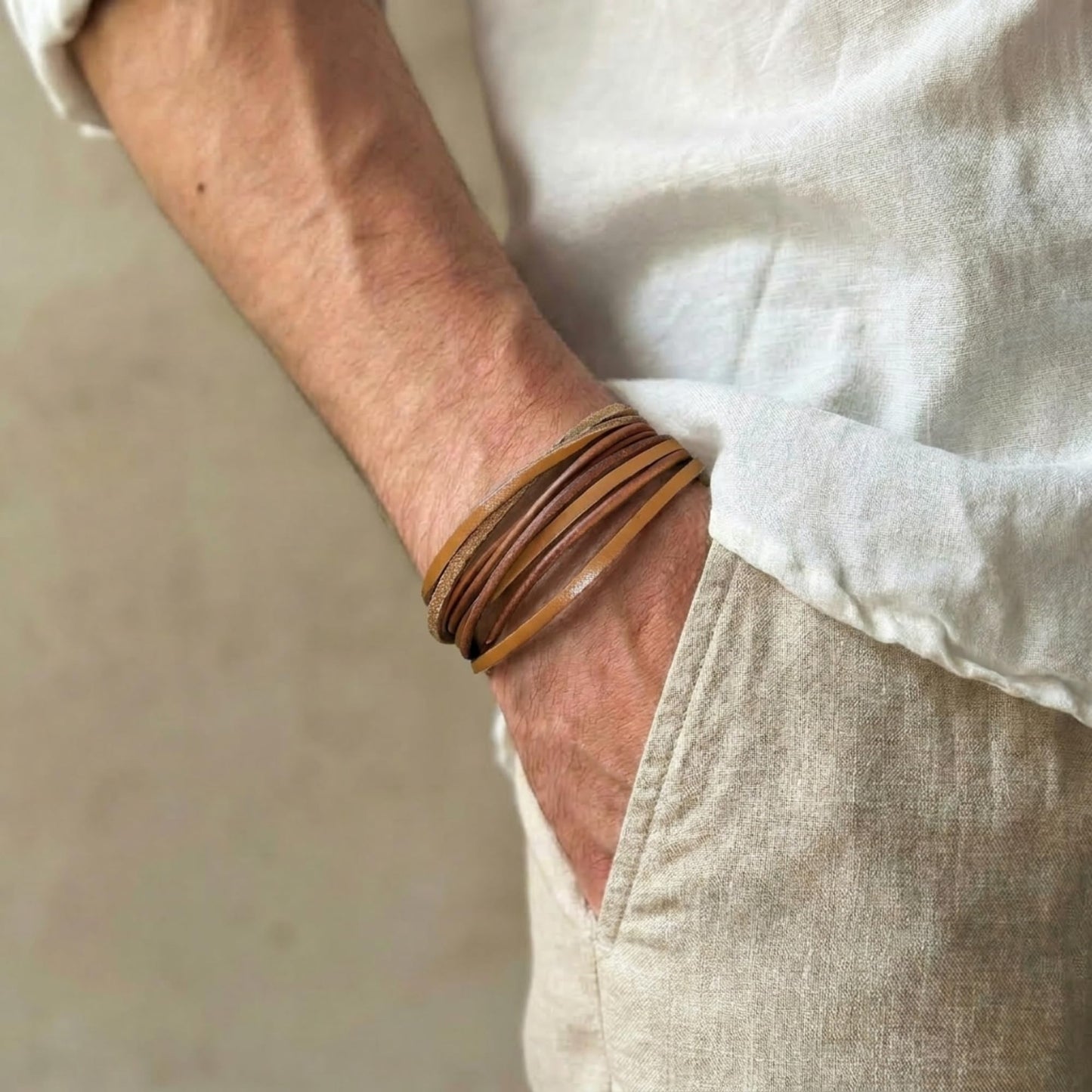 Leporem Unisex Genuine Cowhide Leather Wrap Bracelet Choker Minimalist Push-Lock Clasp Premium Surgical Steel Wristband 17.7 Inch Brown Gift Box (Brown, 17.7 Inches)