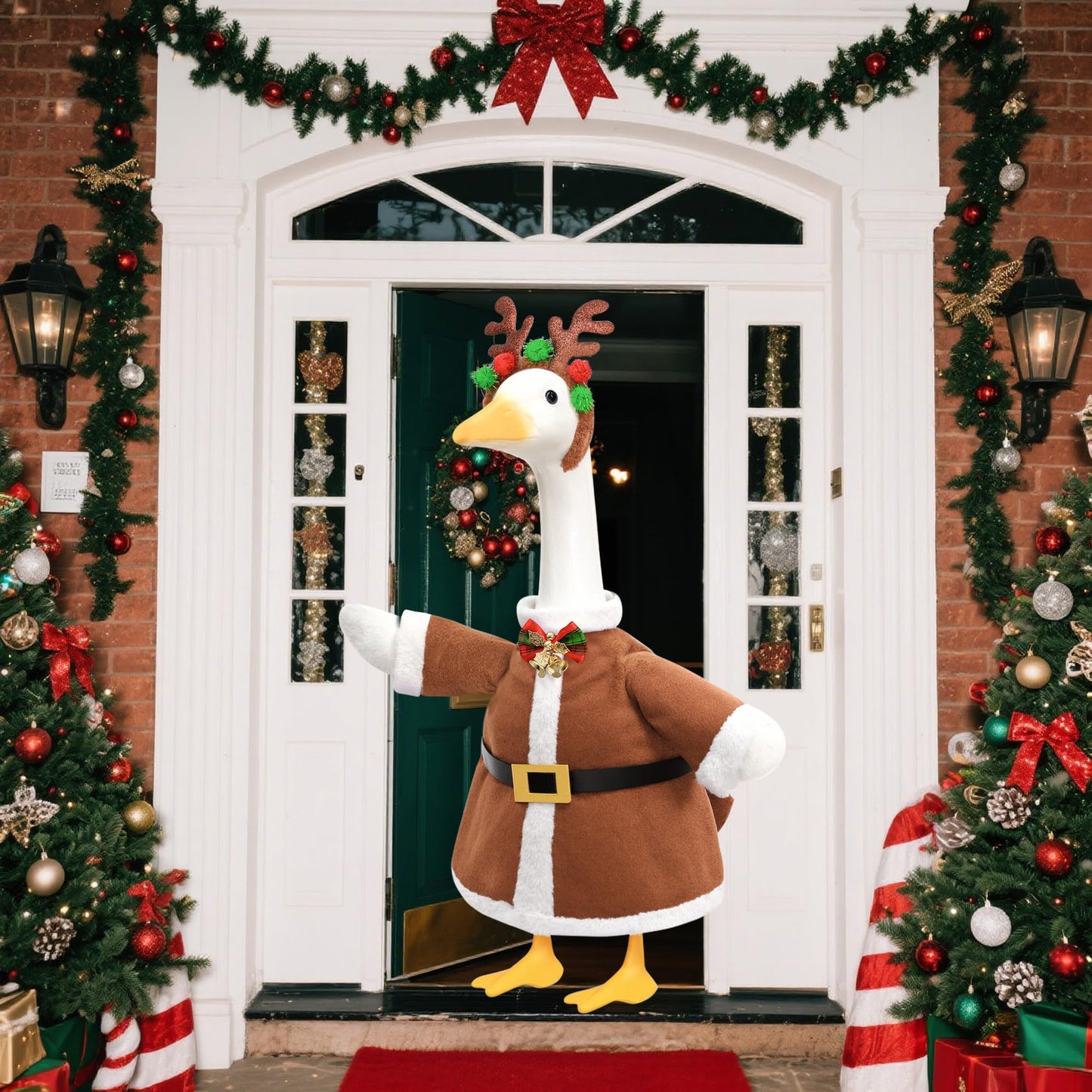 Lodaxu Christmas Porch Goose Outfit for Large 23" High Cement or Plastic Goose Statue, Yard Goose Cloths with Deer Antler Headband, Bell Bow Tie Decor for Outdoor Lawn Gaden Patio
