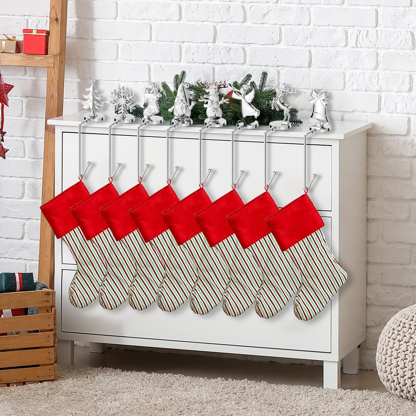 Christmas Stocking Holders for Mantel Set of 8, Non-Slip Adjustable Mantle Stocking Holders, Snowflake Snowman Reindeer Angel Bell Fireplace Stocking Hangers Set for Party Christmas Decorations