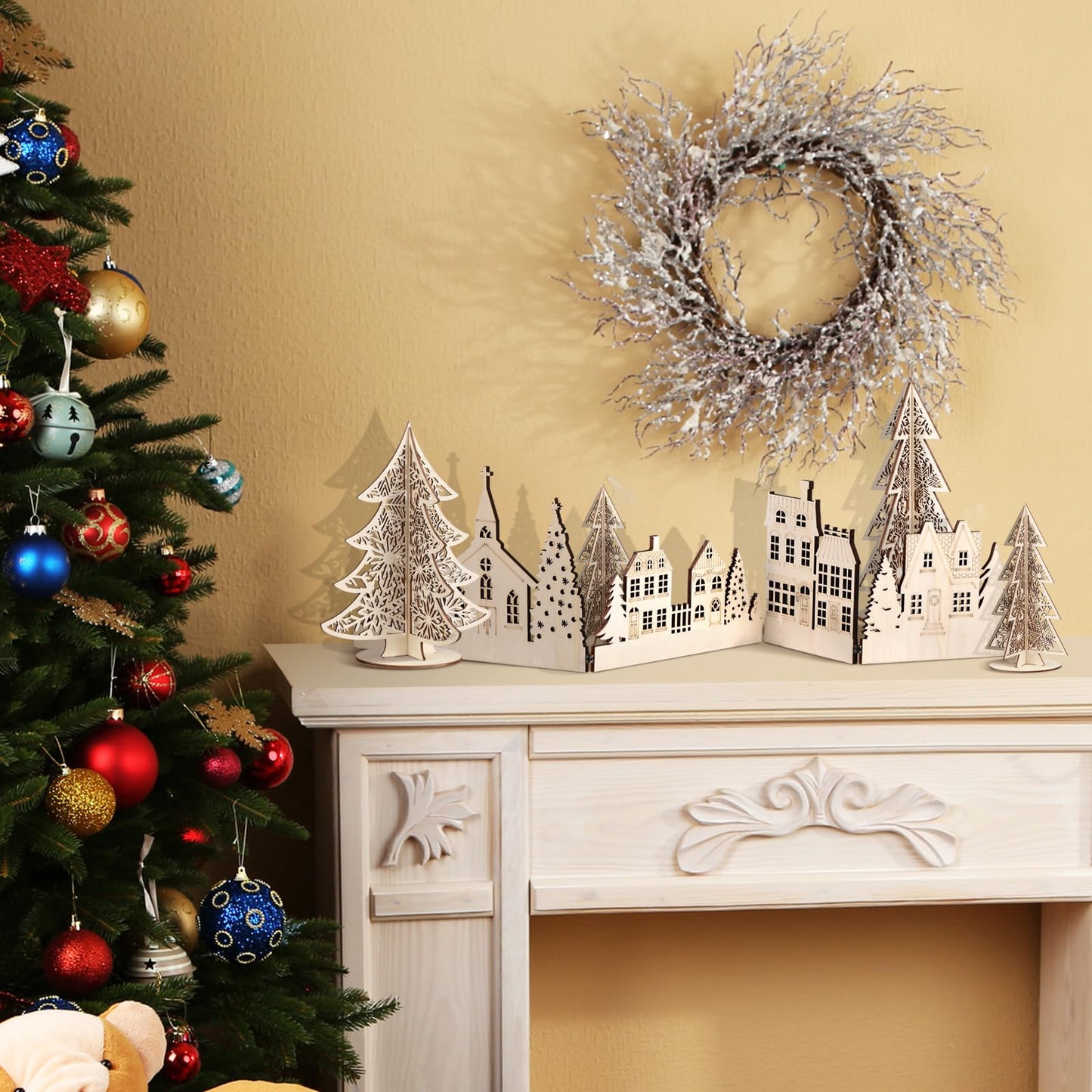 32 Inch Christmas Tabletop Decoration Wooden Christmas Themed Church Tree and House Signs Farmhouse Centerpiece for Home Kitchen Table Shelf Decor