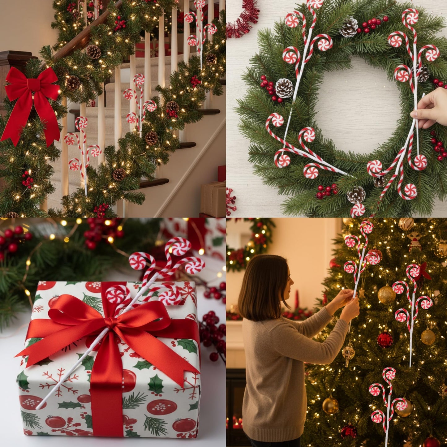 Suncalla 12 Pcs Red White Candy Cane Christmas Picks 16" Large Furry Spiral Curly Sprays Elf Ornaments Stems for Christmas Tree Topper Filler Party Vase Filler Wreath Garland