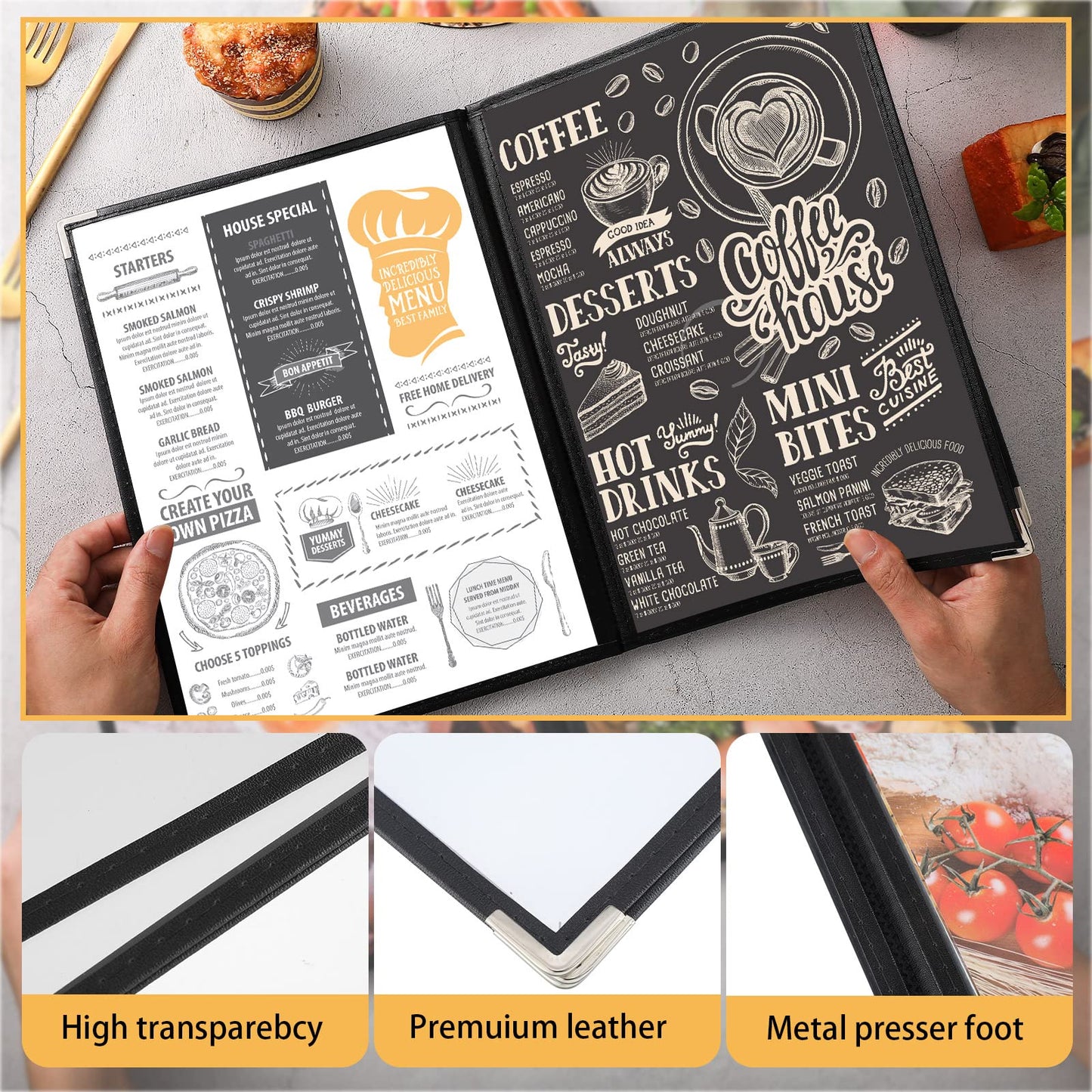 Henoyso 50 Pcs 8.5 x 11 Inch Menu Covers 4 Page 8 View Transparent Restaurant Covers Book Fits A4 Size Paper, Bar Cafe Clear Menu Holder Folder with Leatherette Trim and Decorative Corners, Black