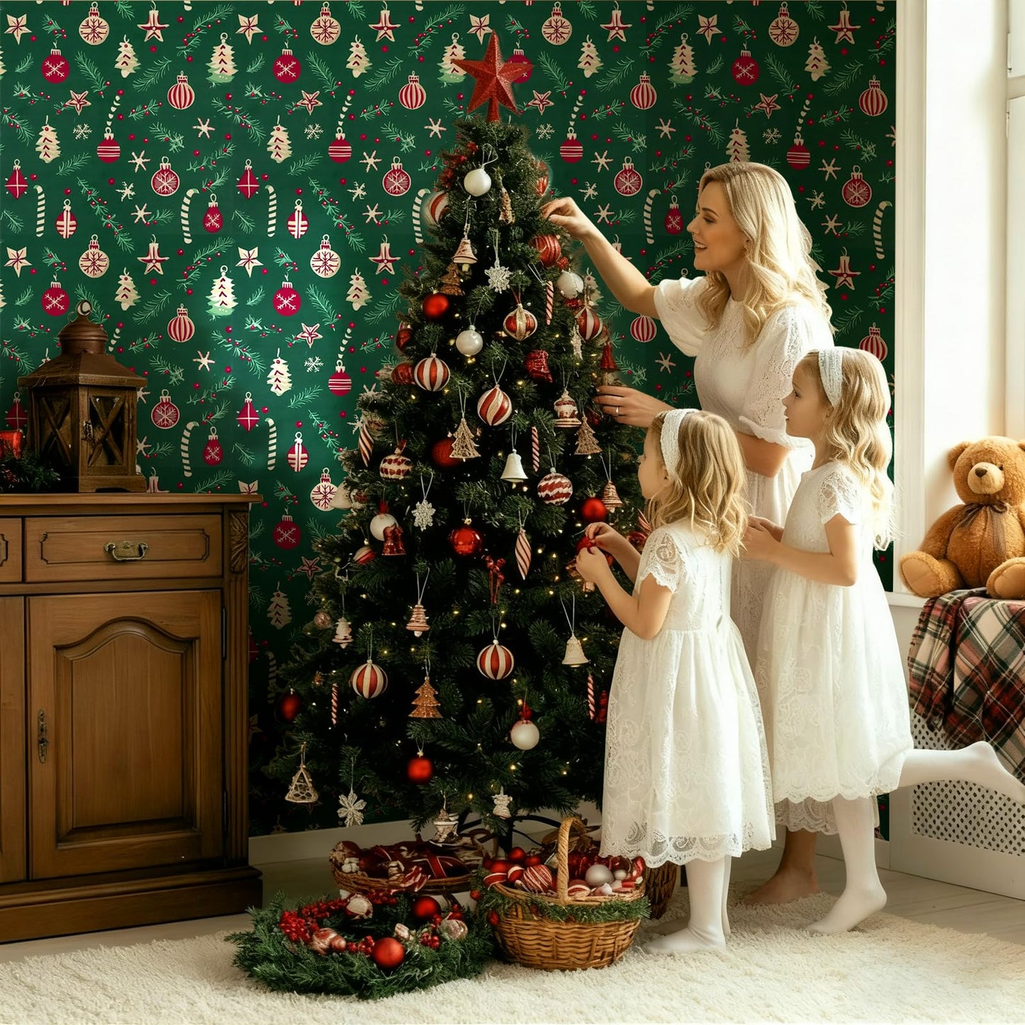 Peel and Stick Wallpaper Christmas Trees, Ornaments & Candy Canes Contact Paper Holiday Removable Self Adhesive Vinyl Christmas Decor Wall Paper for Living Room Kitchen Bedroom 17" x 196.8"
