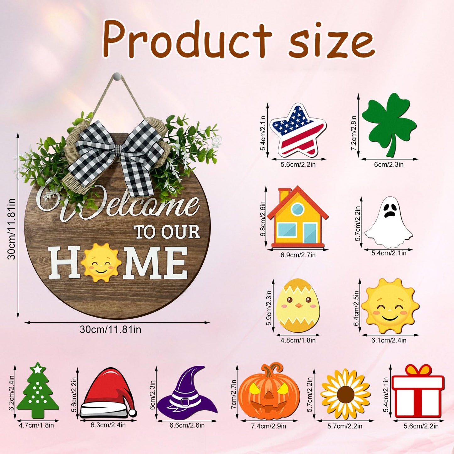 VPDTVK Interchangeable Seasonal Welcome Sign Front Door Decoration, Rustic Round Wood Wreaths Wall Hanging Outdoor Decor for Spring Summer Autumn and Winter All Seasons Holiday Halloween Christmas