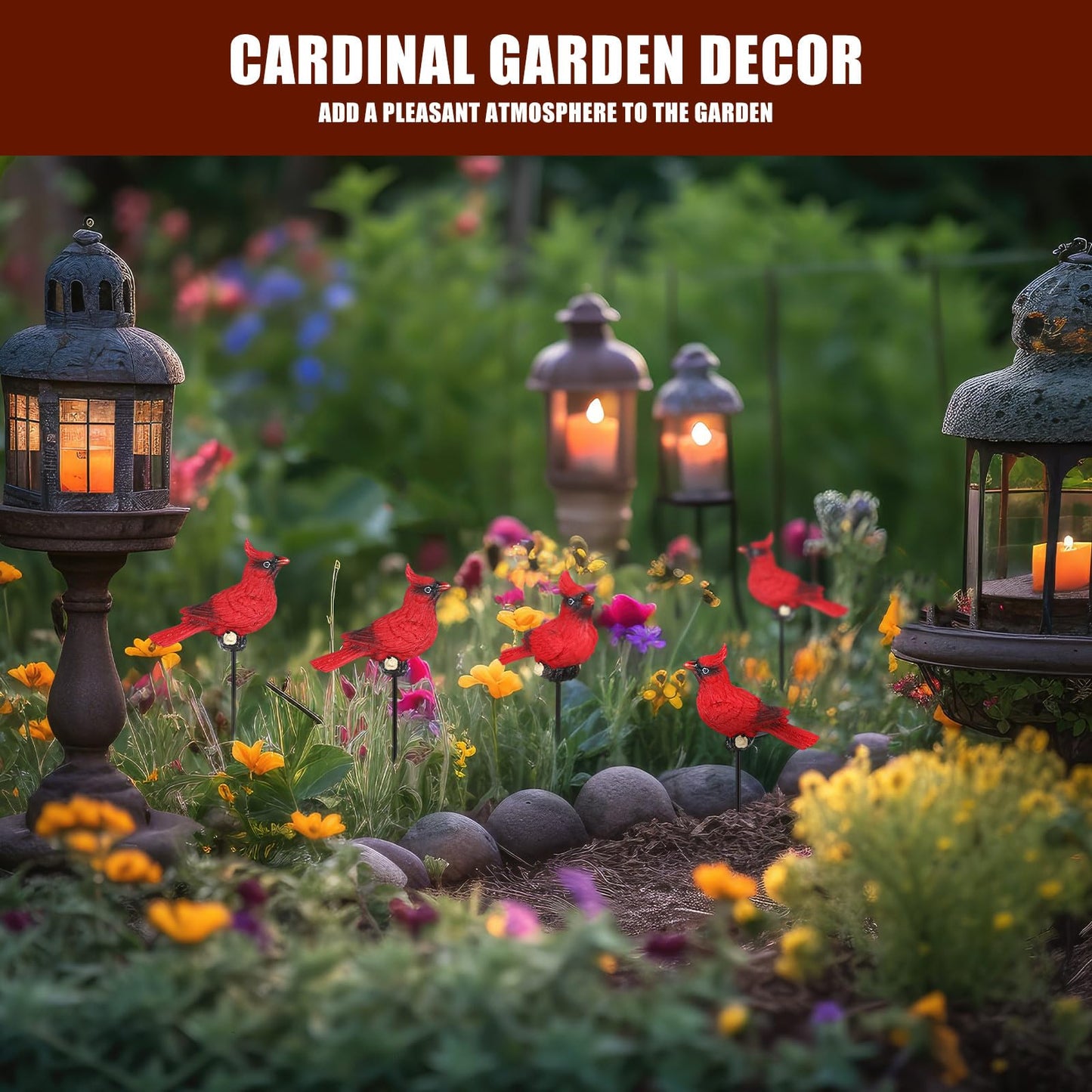 Suzile 6 Pcs Cardinal Garden Stake Red Cardinal Christmas Ornaments Floral Picks Garden Bird Resin Crafts for Decoration Flower Arrangements Tree Potted Plants, 11 Inch