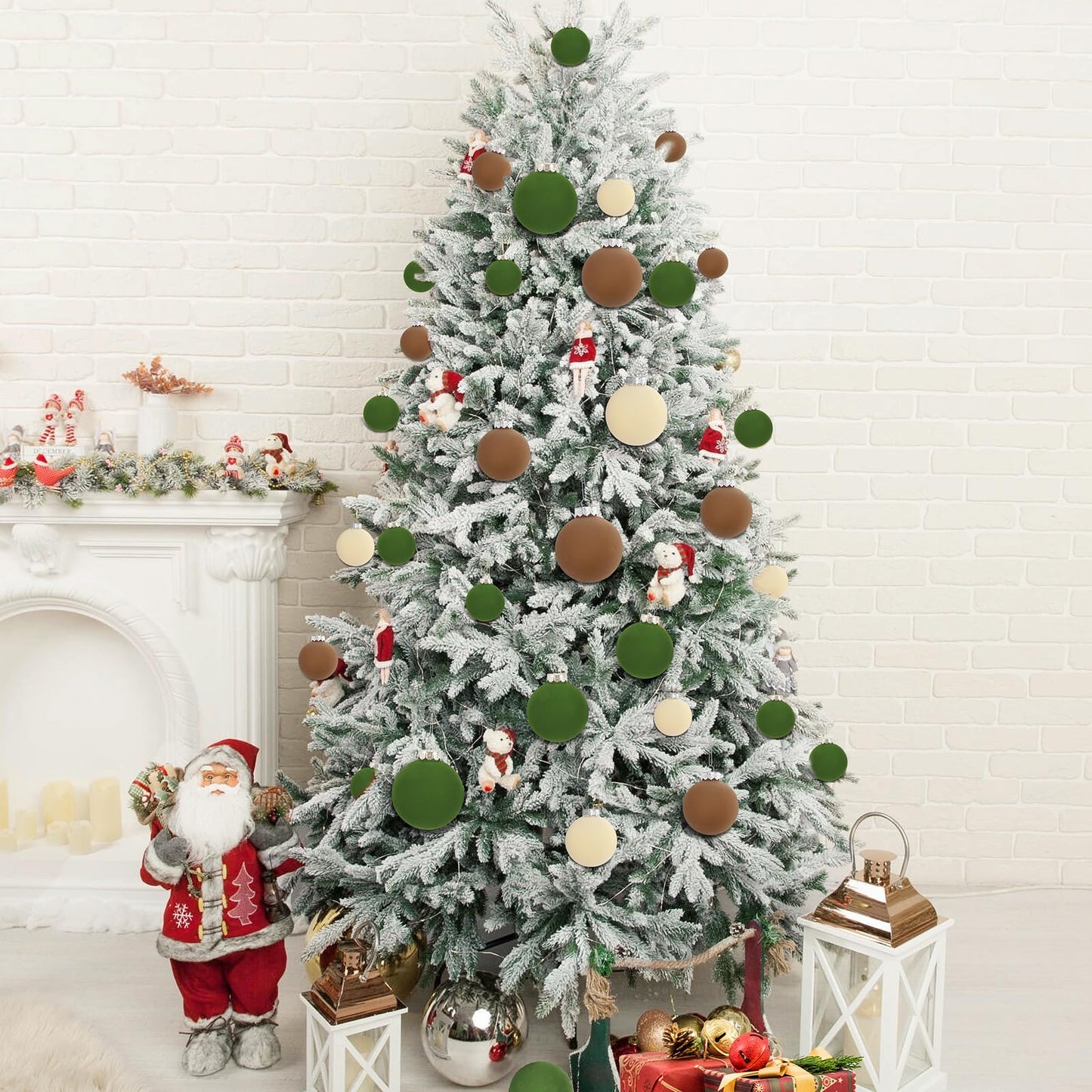 Waipfaru 15 Pcs(3.9 In/100 mm) Velvet Christmas Ornaments Balls Set, Brown Green Neutral Christmas Tree Ornaments, Flocked Xmas Tree Balls for Xmas Holiday Party Decorations