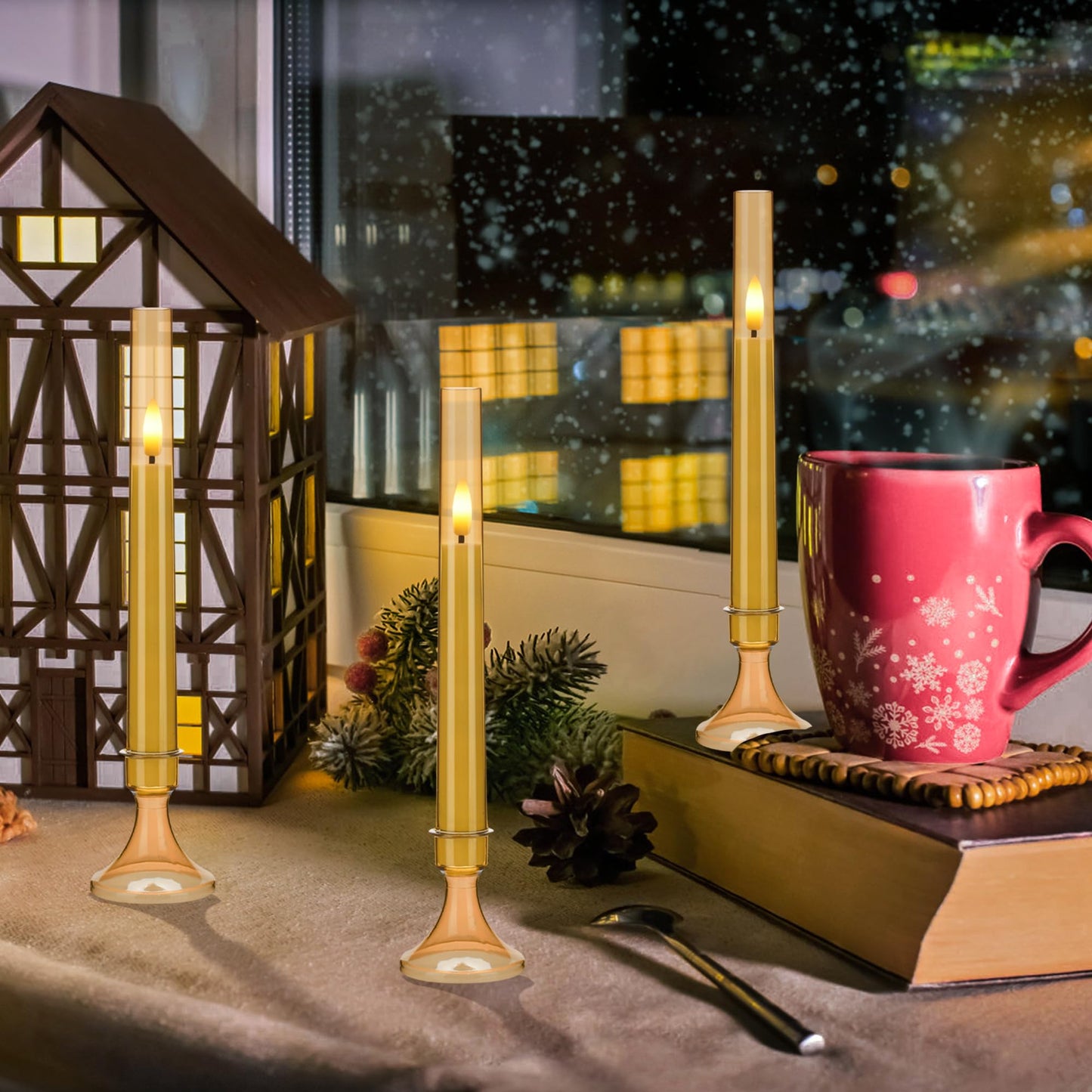 SEHNSY Gold Flameless LED Taper Candles with Remote and Timer, 6 Pack Battery Operated Candles 9.25"x0.75" for Xmas Wedding Decor, 3D Flickering Flameless Candles with Acrylic Candlesticks