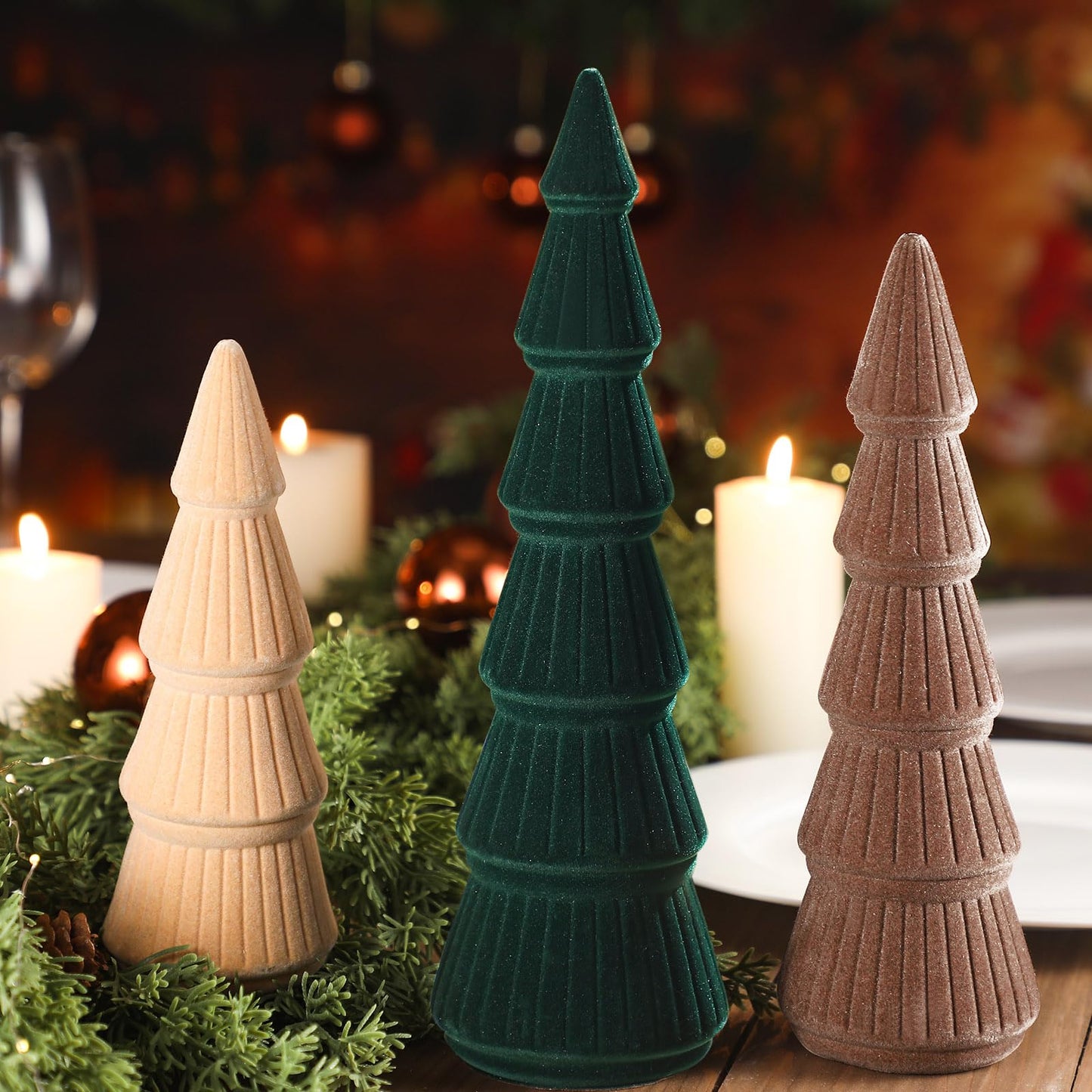 Bucherry 3 PCS Velvet Christmas Tree Figurines Decoration - 8" 10" 14" Modern Cone Christmas Tabletop Home Rustic Centerpiece Set for Winter Holiday Mantel Entryway Party Decor(Green and Khaki)