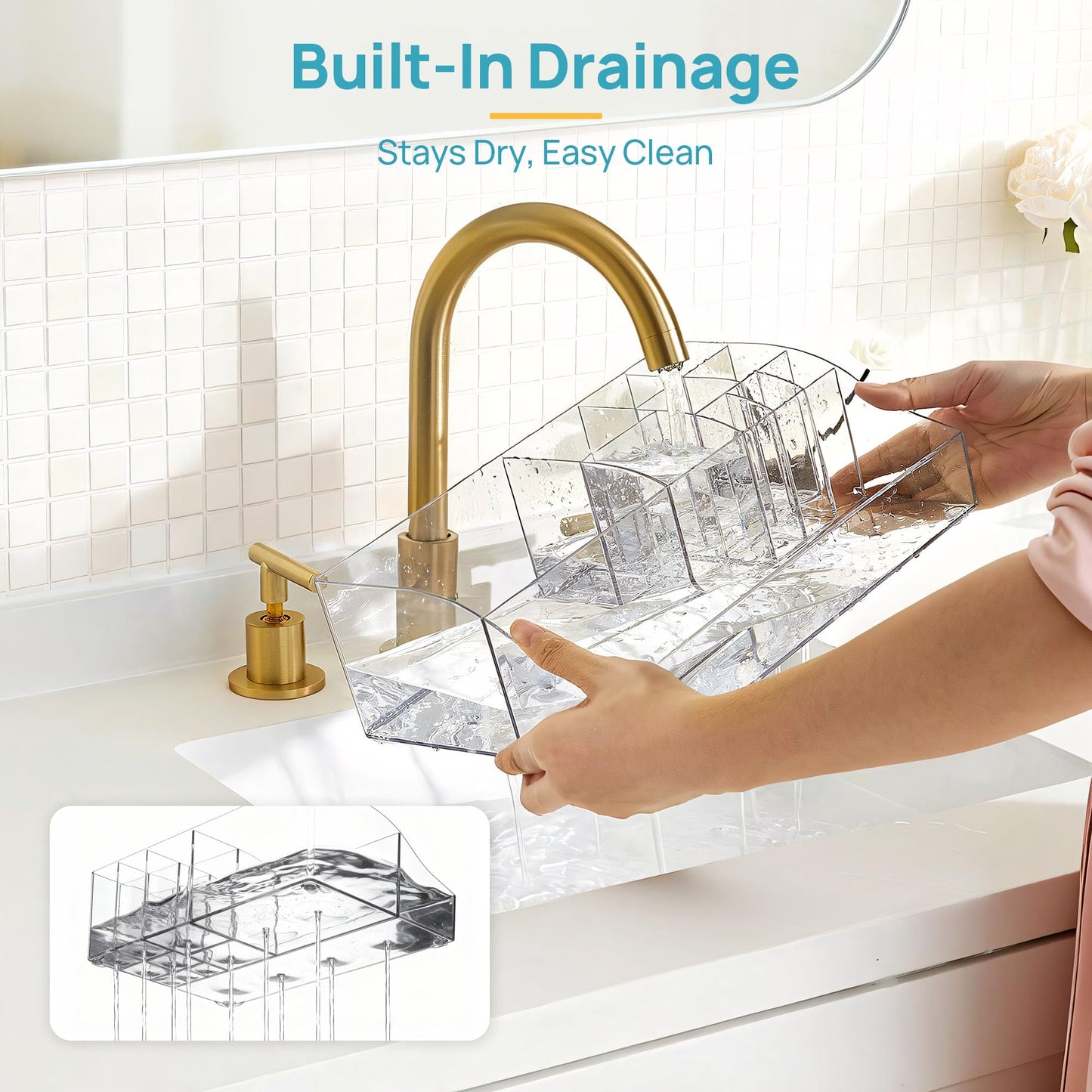 Vtopmart 5 PCS Bathroom Countertop Organizer, 1 Divided Tray with 4 Qtip Holder Jars, Restroom Clear Organizers for Toothbrush, Cotton Pads Balls, Floss, Bathroom Vanity Accessories Storage Set