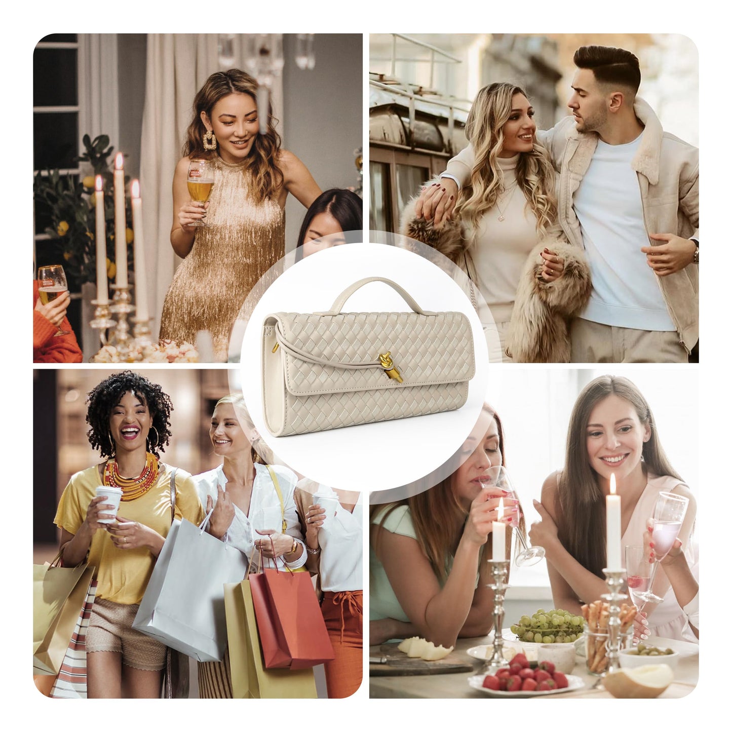 Joryin Woven Purse For Women Evening Clutch Woven Leather Handbags Crossbody Bag Suede Purse Formal Evening Bag, Seashell Beige