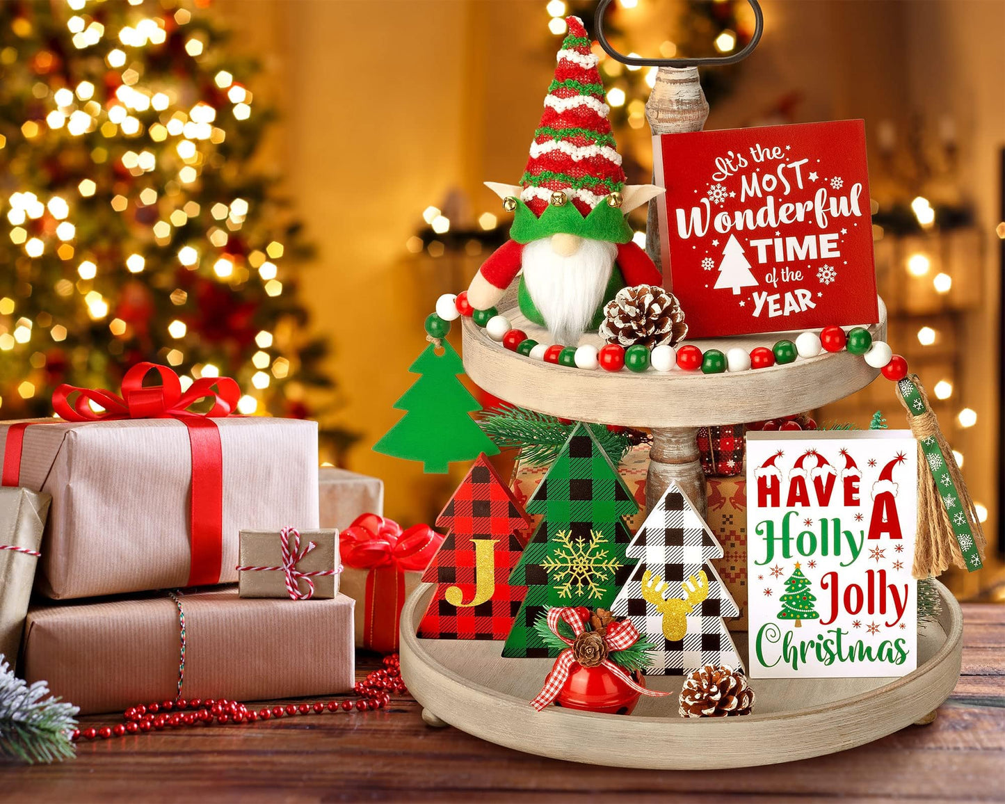Farmhouse Christmas Tiered Tray Decor - 10 PCS Set with Wooden Signs & Gnome Plush - Kitchen Table, Mantel, Party