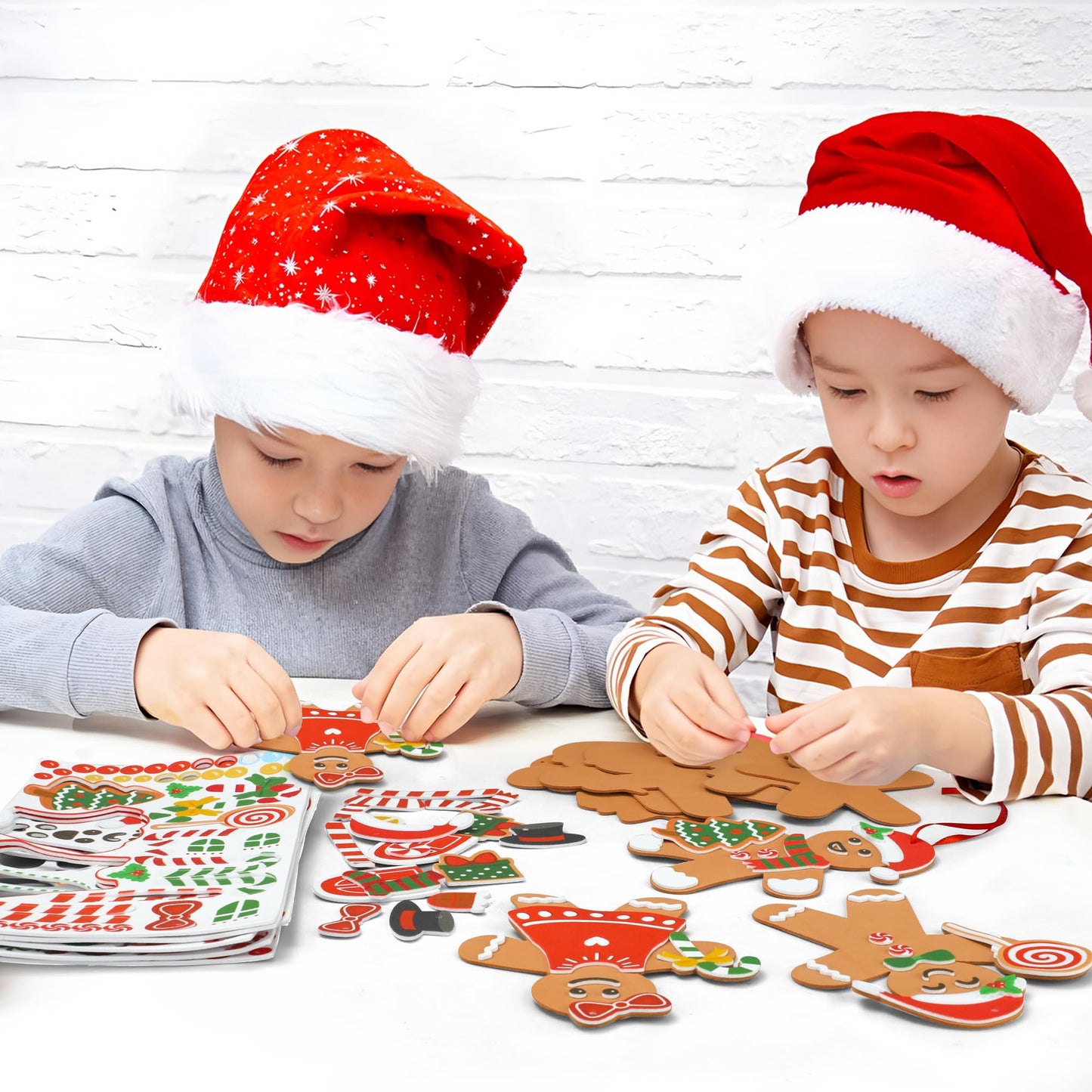24 Sets Gingerbread Foam Craft Kit DIY Christmas Arts and Crafts for Kids Make Your Own Gingerbread Man and House Ornaments with Self Adhesive Sticker for Xmas Tree Holiday Home Classroom Party Decor