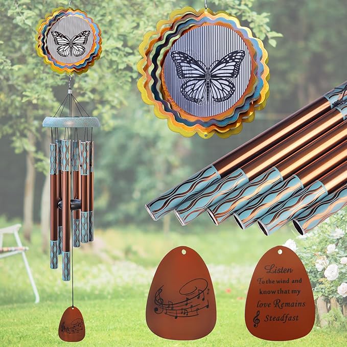 Wind Chimes for Outside with 3D Animations Butterfly Wind Spinner,37" Memorial Wind Chimes Outdoor Garden Decor,Butterfly Gift for Women Mom Grandma Wife,Patio Decorations,Garden Ornaments
