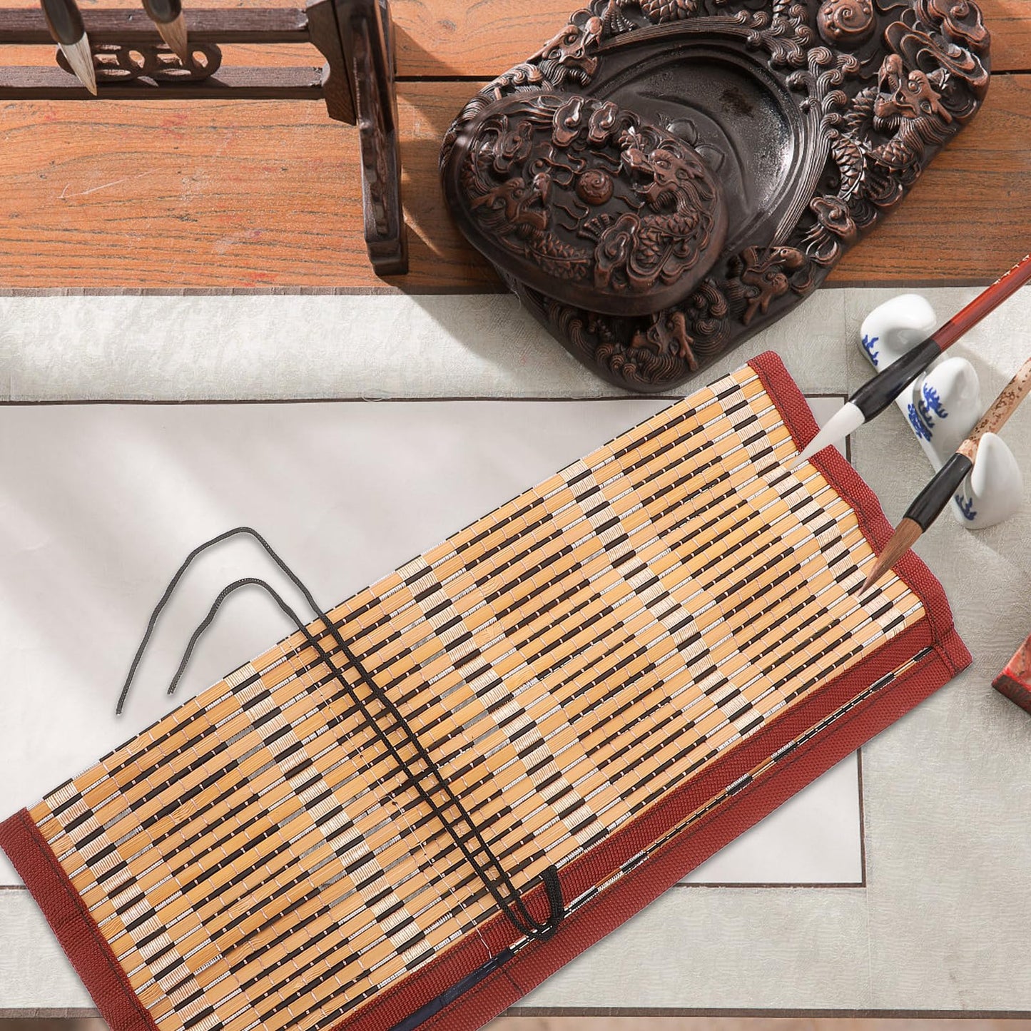 NUOBESTY Roll-up Bamboo Brush Holder Portable Calligraphy Pen Storage Organizer Writing Brush Holder for Painters Artist Students