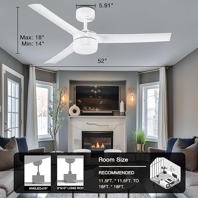 cumilo 52 inch Smart Ceiling Fans with Light and Remote Control, Dimmable,6 Reversible Speed, Low Profile Ceiling Fan Compatible with Alexa WIFI APP,Modern White Ceiling Fan for Bedroom Patio