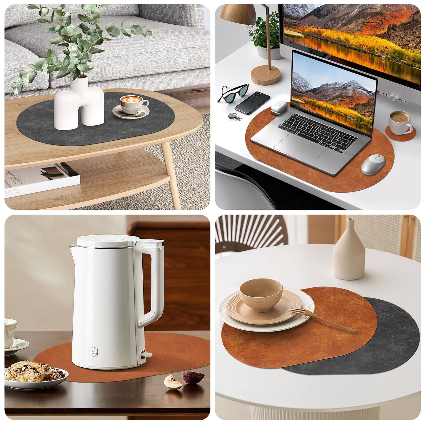 Pixieora Oval Placemats and Coasters Set of 6, Washable Reversible Faux Leather Placemats Cowhide Pattern Place Mats Wipeable Non-Slip 12 x 17 inch Kitchen Dining Table Mats (Gray Brown, 6)