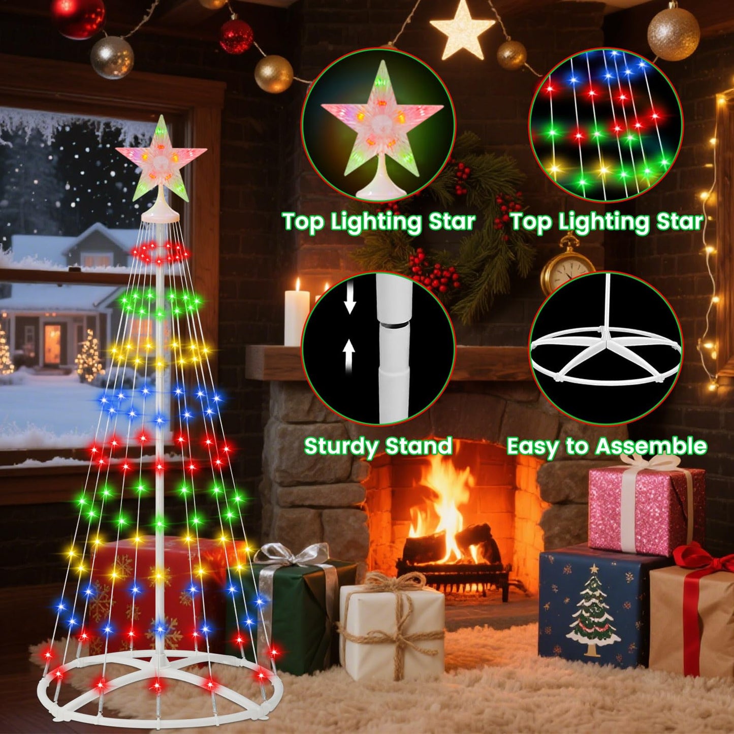 IDEAALS 4FT 118LED Outdoor Solar Christmas Cone Tree Lights, 8 Modes Timer Remote RGB Christmas Tree Lights with Star Topper for Xmas Yard Porch Patio Holiday Decor