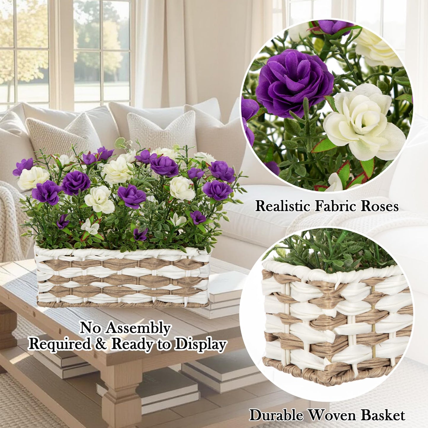 Artificial Rose Flowers with Woven Basket, Faux Roses in Fake Rattan Planter for Table Centerpiece, Romantic Floral Arrangement for Home Bathroom Office Desk Spring & Rustic Decor, Cream White Purple