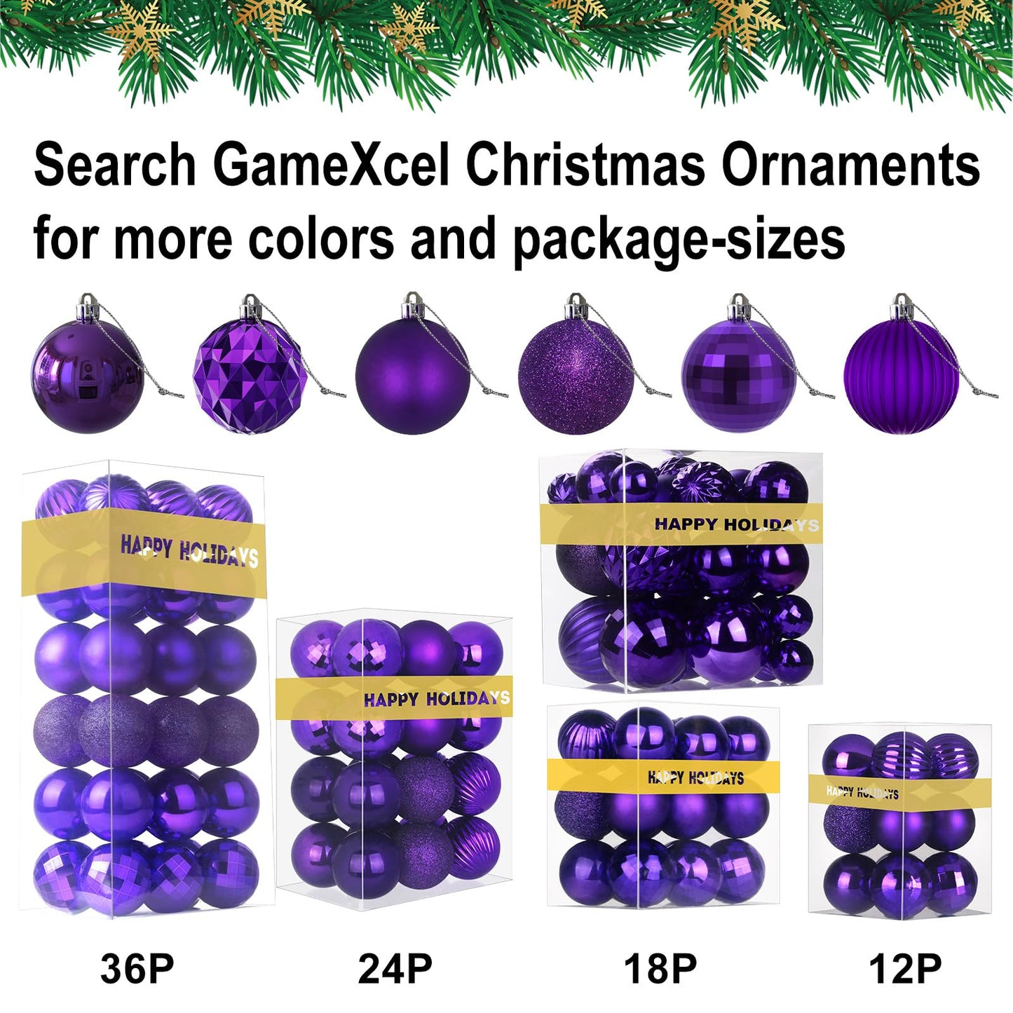 Purple Christmas Ornaments - Christmas Tree Decorations Shatterproof Hanging Balls for Birthday Wedding Holiday Decor Set of 36pcs, Multi-Sizes(1.6",2.5",3.2")