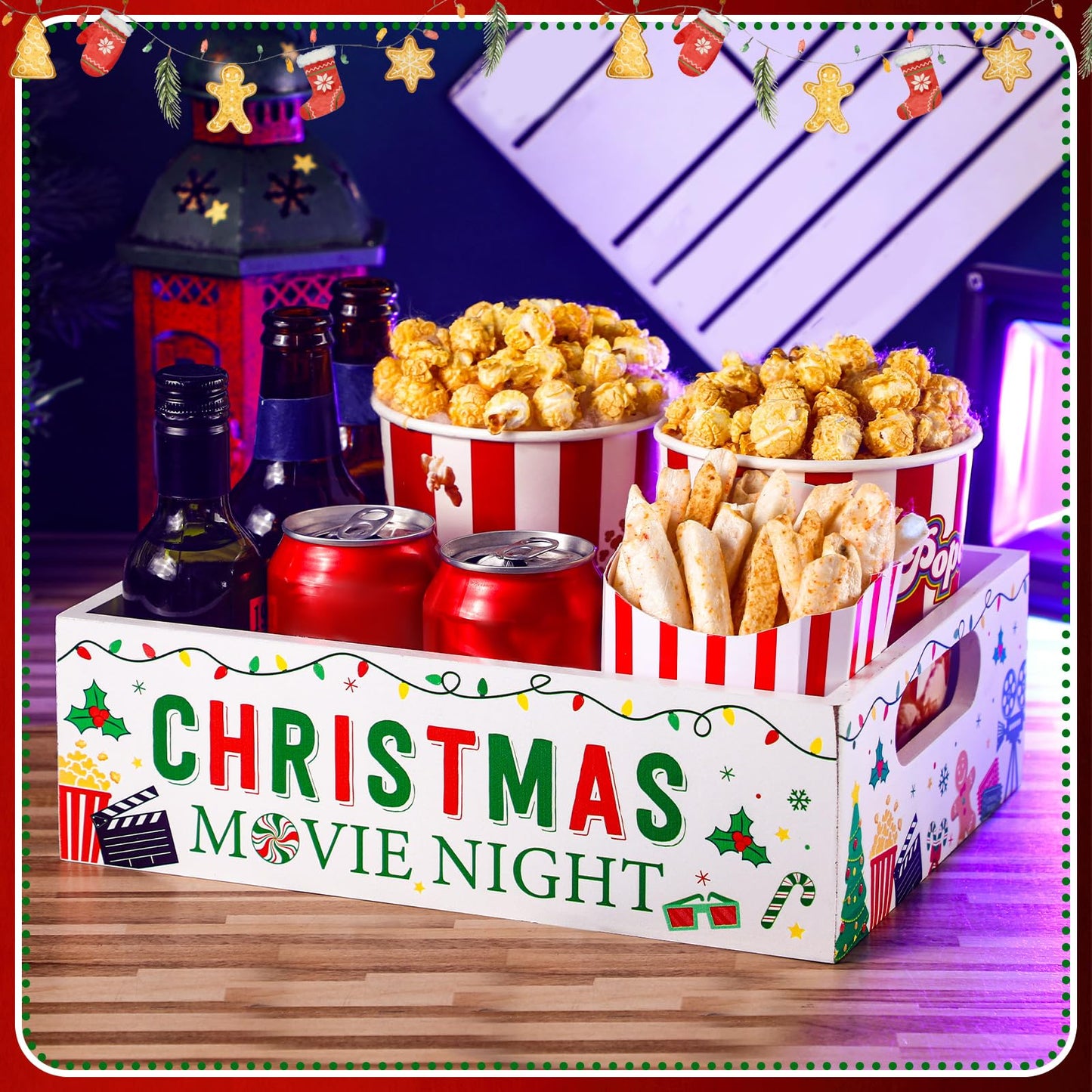 Movie Night Supplies Snack Trays with Handles Reusable Wooden Movie Gift Basket for Theater Popcorn Bucket Bowl Box Container Family Room Decor(Christmas Style 2)