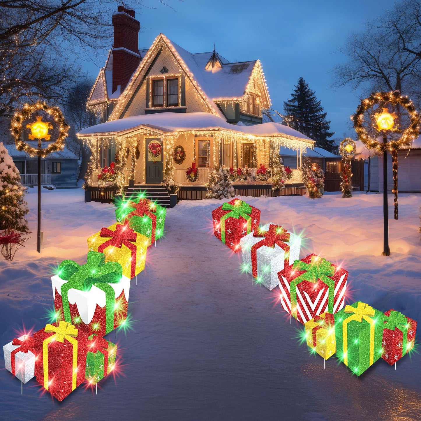 8 Pieces Christmas Yard Signs Glitter Gift Box Outdoor Lawn Decorations with 16 Stakes Funny Holiday Present Box Yard Decorations for Christmas Home Lawn Party Supplies