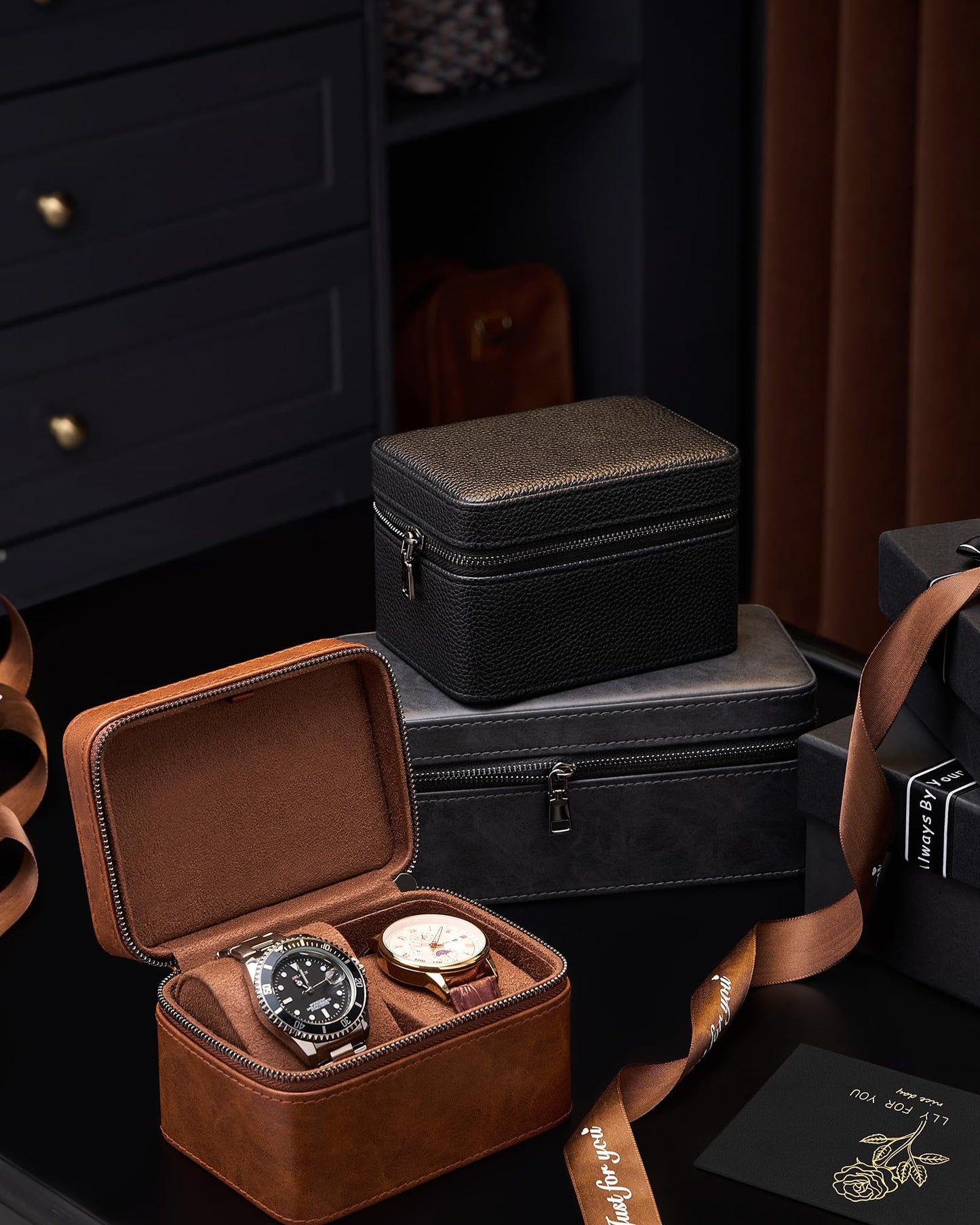 ProCase 2-Slot Watch Travel Case for Men, PU Leather Portable Watch Holder, Compact Small Carrying Storage Box for Luxury Watches & Smartwatches with Jewelry Compartment, Fathers Day Gift -Brown