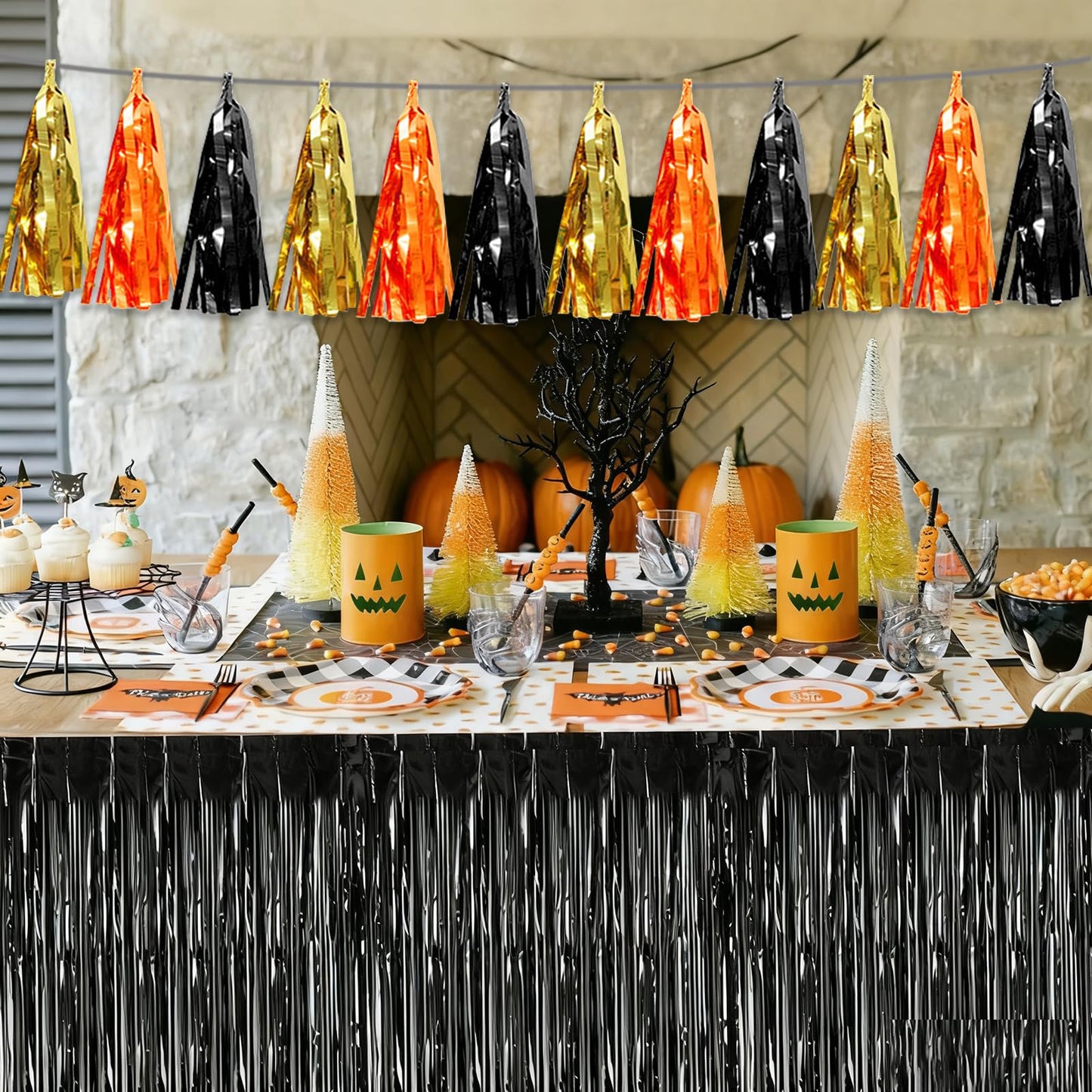 4P Orange Gold Black Tassel Banner Garland Metallic Foil Fringe Banner Tinsel Tassels Streamer Banner Backdrop for Parade Floats, Graduation Decorations, Halloween, Christmas Decorations