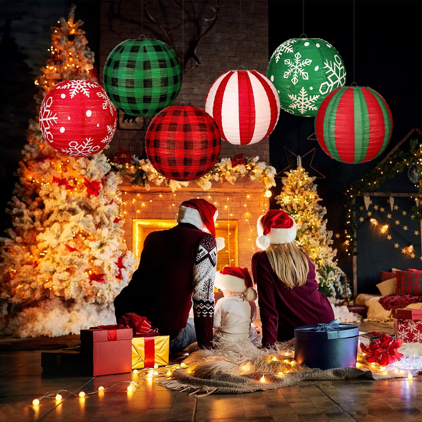 Bencailor 12 Pcs Summer Christmas Hanging Paper Lanterns Set Xmas Decorative Party Round Hanging Lamps for Summer Xmas Home Decoration Supplies Props Holiday Decor(12 Inch,Snowflake)