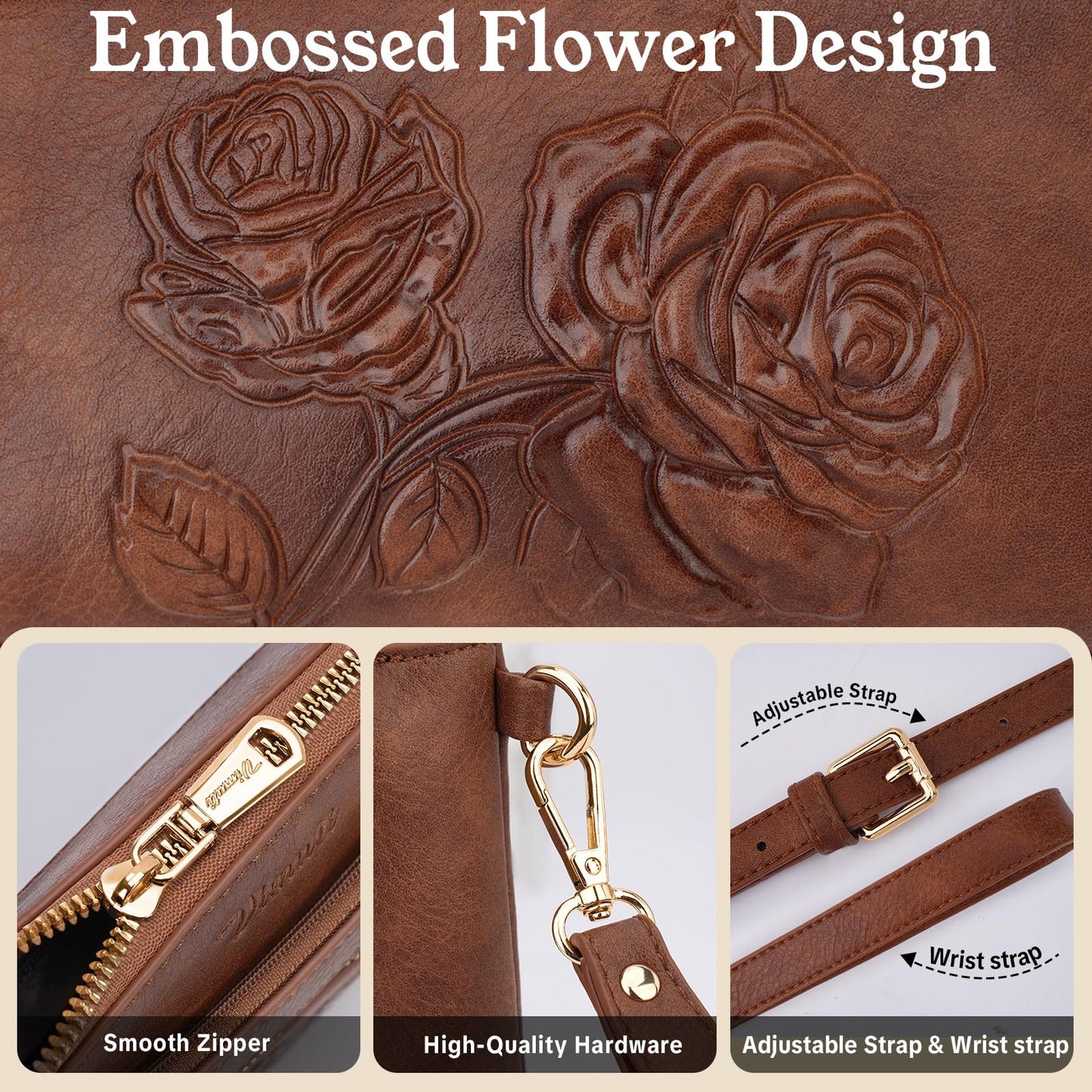 VIMUTI Vegan Leather Wristlet Wallet Purse for Women Small Clutch Purse with 2 Straps,Embossed Crossbody Cell Phone bag (Brown)