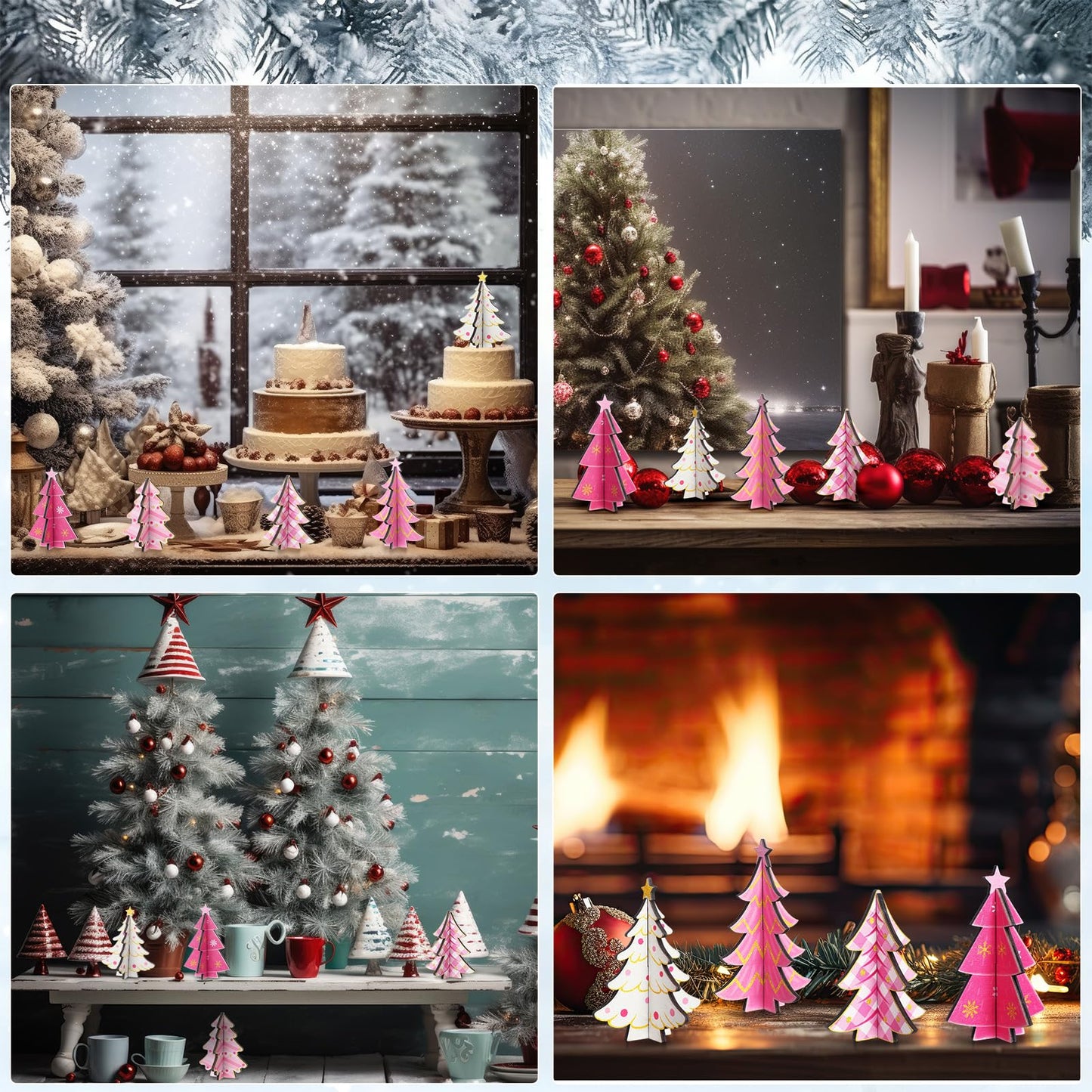 Bucherry 5 Pcs Pink Wooden Christmas Trees Tabletop Decorations Rustic 3D Christmas Trees Xmas Centerpieces Farmhouse Table Wooden Signs for Xmas Winter Farmhouse Home Tiered Tray Decor