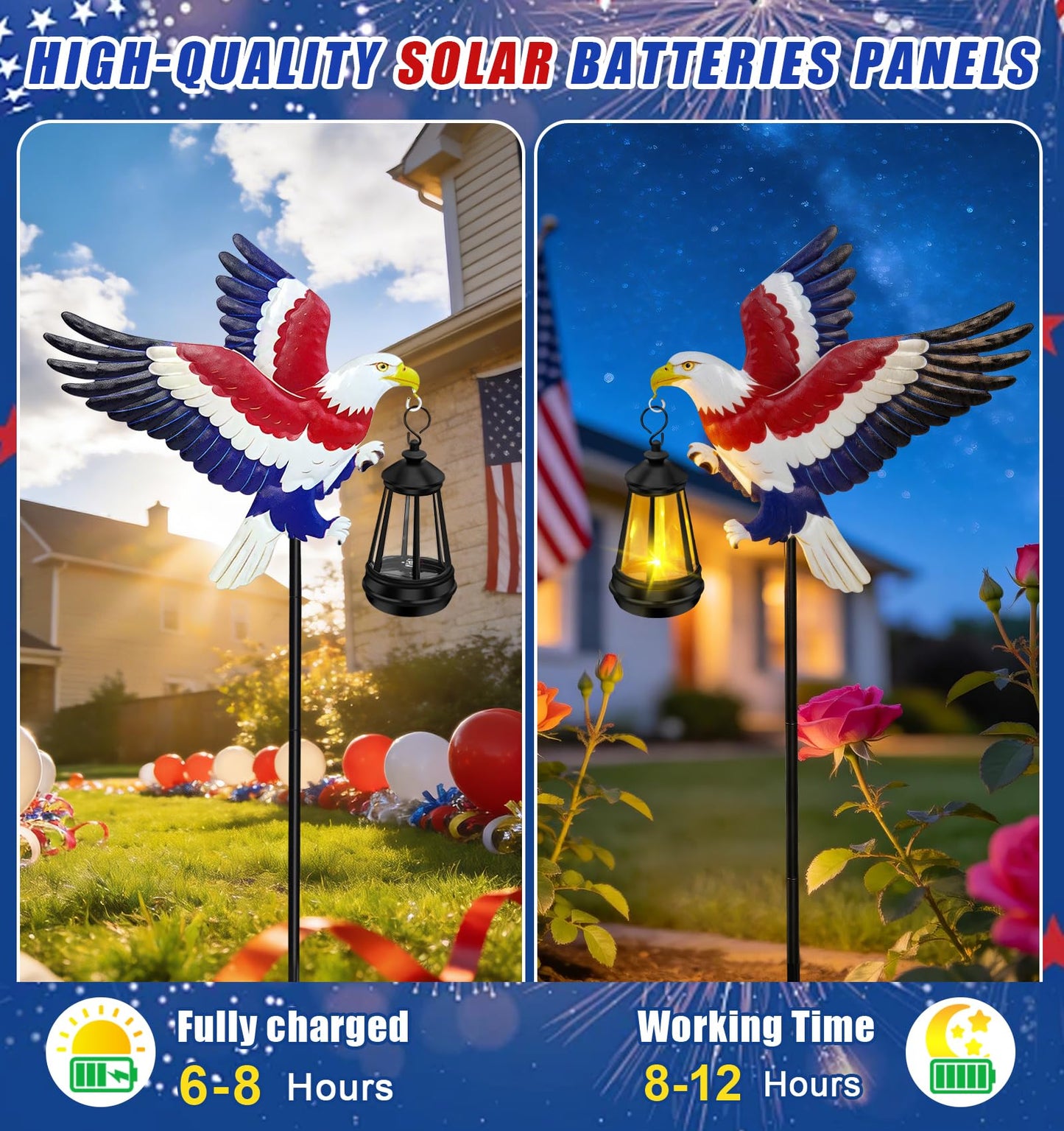 250th Anniversary America Eagle Garden Stake 4th of July Decorations Outdoor Patriotic Independence Memorial Day,29.9in Metal Eagle with Solar Lights,Decorative Garden Stakes for Yard Art Patio Porch