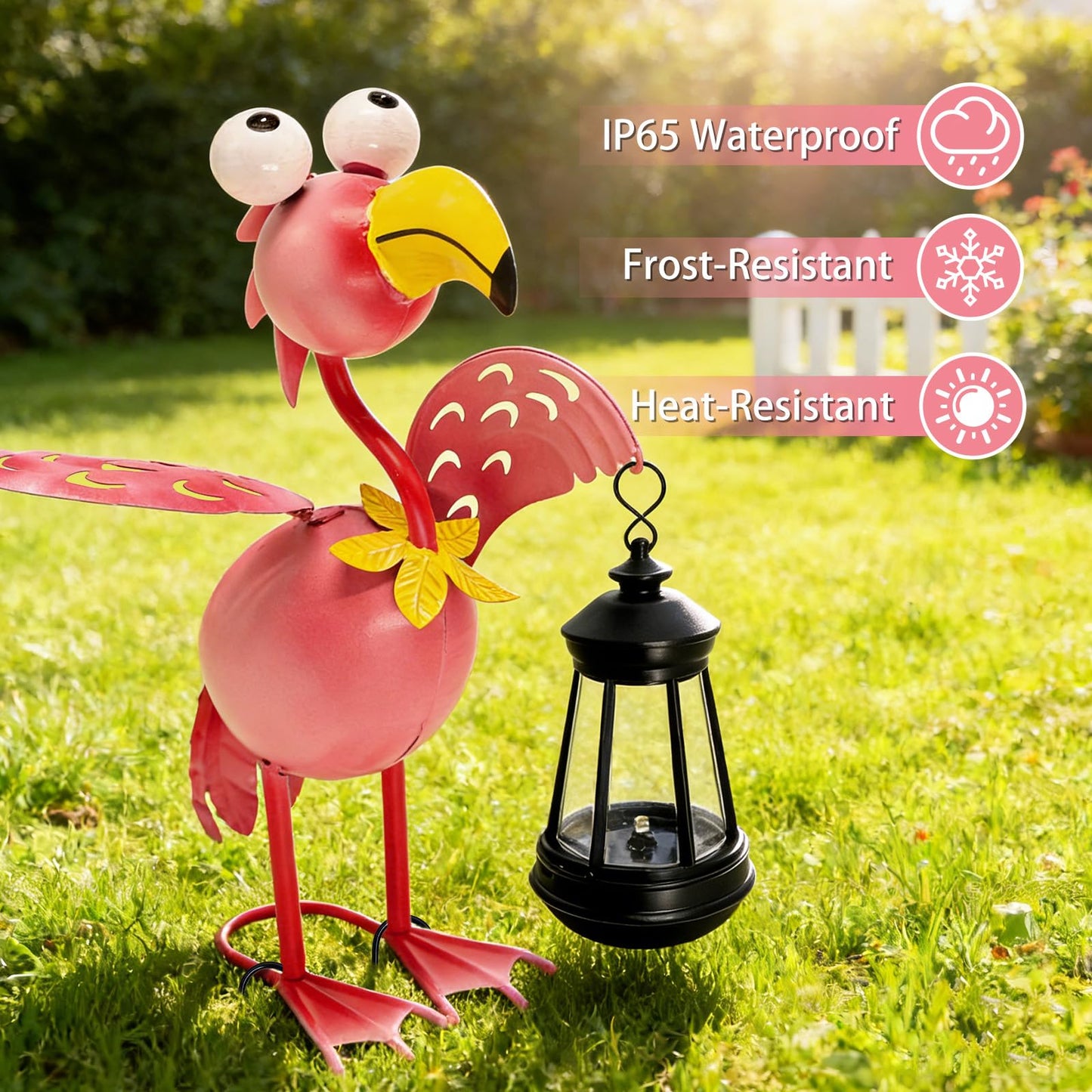 Solar Garden Lights Flamingo Statue with Solar Lantern, Flamingo Decor Fairy Accessories, Mothers Day Birthday Gifts for Women Mom Grandma, Big Metal Decorative Stakes for Home Patio Porch Yard Art