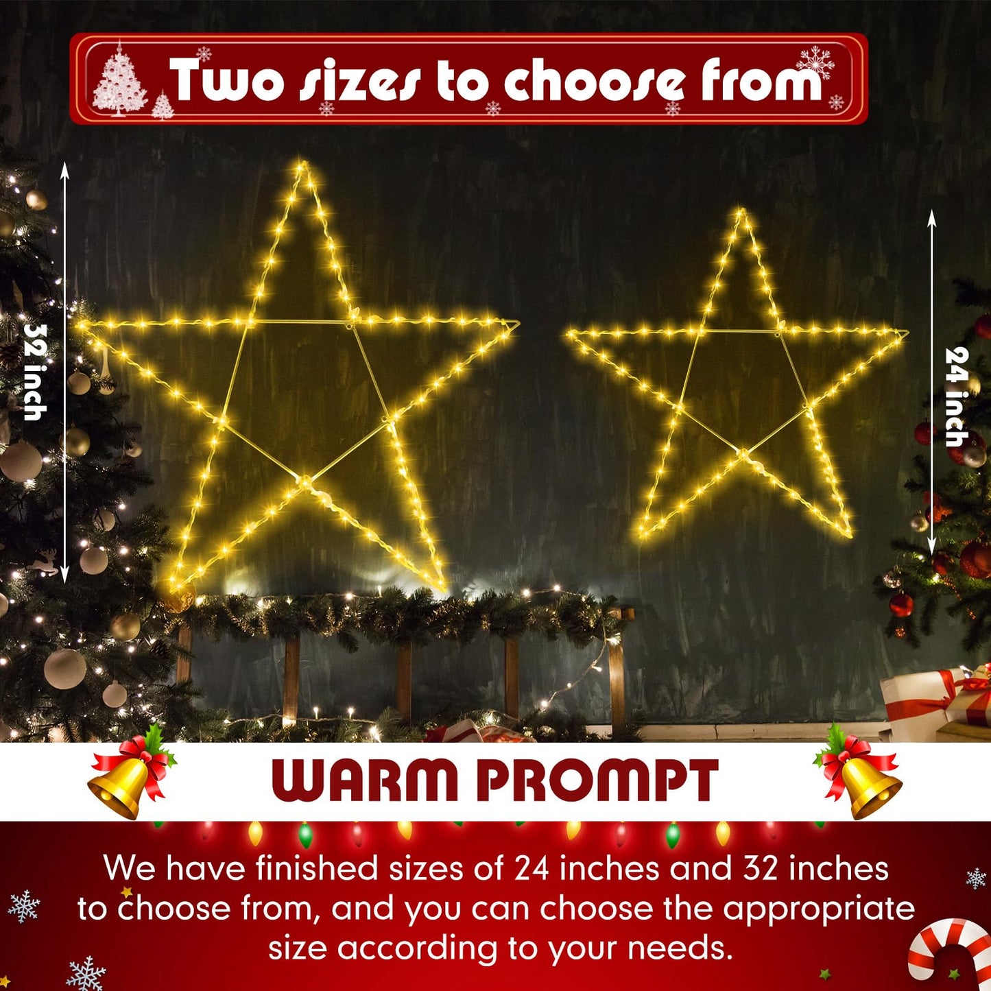 Retisee 32 Inch Large Lighted Christmas Star Warm White LED Xmas Outdoor Light up Star Motif for the Top Wall Hanging Christmas Home Indoor Outdoor Patio Porch Party Holiday Decor