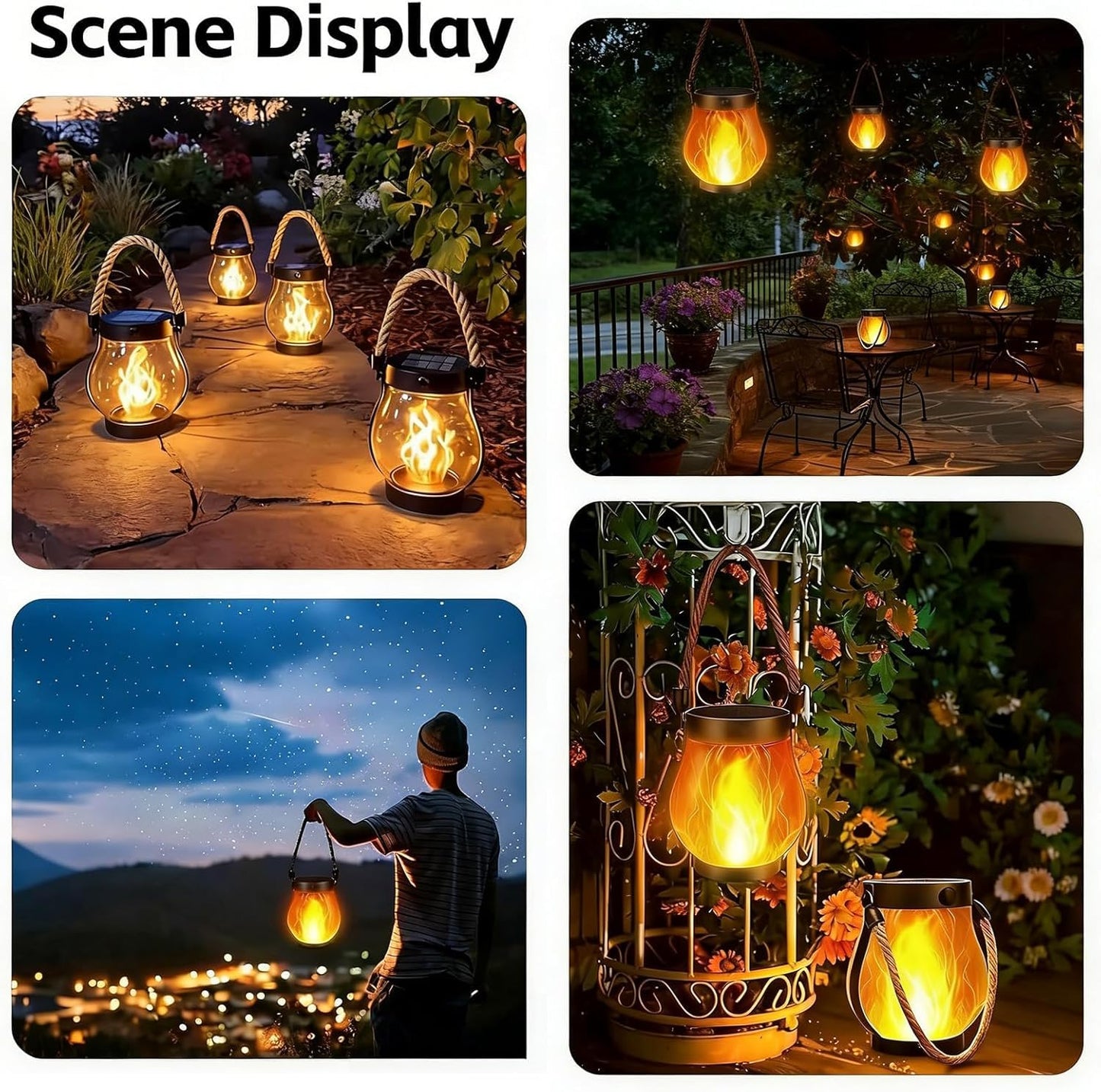 ATDEXT 4PCS Solar Lanterns Outdoor with Ultra-Real Flame, Outdoor Flickering Hanging Lights IP65 Waterproof, 2 Modes, Dual USB/Solar, Auto On/Off for Garden Yard Patio Porch Halloween Christmas Decor