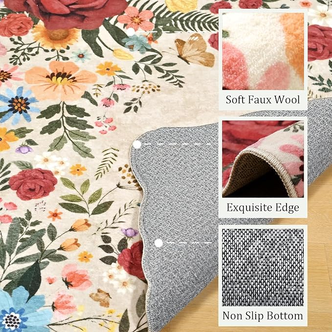 Washable Rugs for Living Room: 5x7 Area Rugs for Bedroom Soft Ultra Thin Stain Resistant Non Slip Low Pile Lightweight Vintage Floral Carpet for Dining Room Decor (Beige)