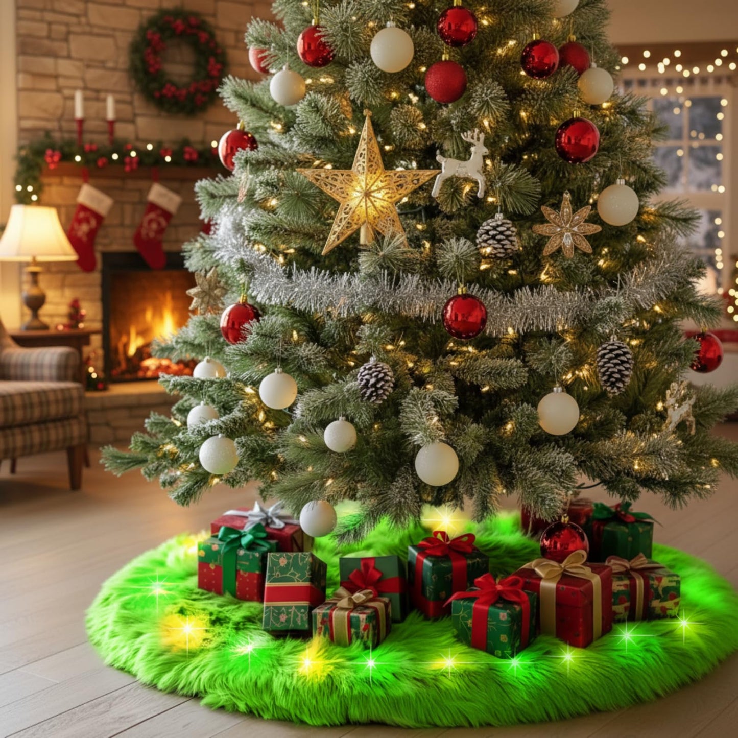 Soulchen 72 Inch Lime Green Christmas Tree Skirt with LED Light Fur Xmas Tree Collar Mat Pure Faux Round Carpet for Merry Christmas Xmas Decoration Home Decor Party Ornaments