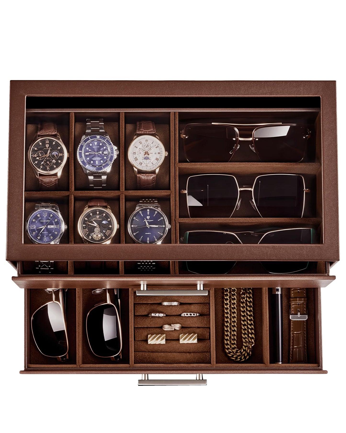 ProCase Mens Jewelry Box Pull-Out Drawer, 6 Slot Watch Case & 5 Slot Sunglasses Organizer, Fathers Day Gift for Dad, 2-Tier Leather Watch Box with Glass Display Top, Gift for Men & Women-Espresso