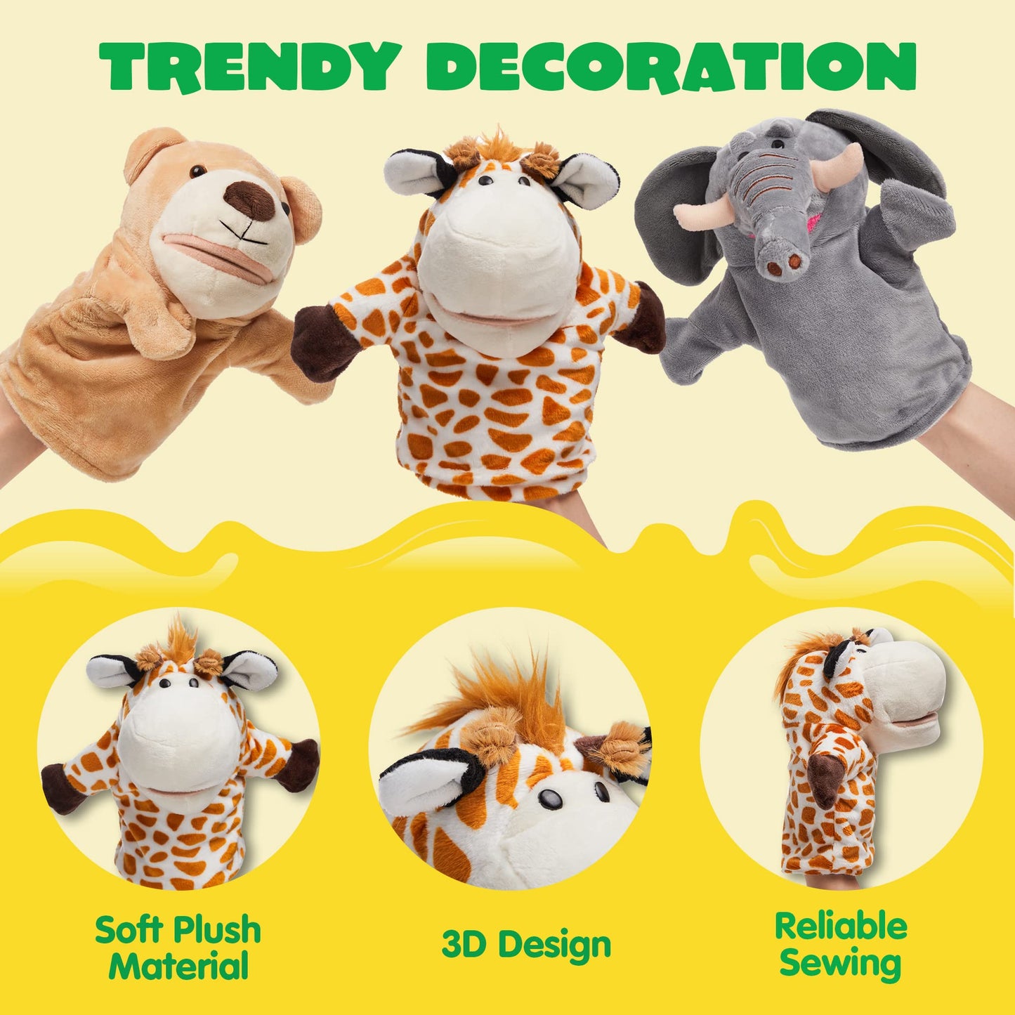 JOYIN 6Pcs Kids Hand Puppet Set with Working Mouth, Toddler Animal Plush Toy Includes Elephant, Giraffe, Lion, Bear, Raccoon and Monkey for Show Theater, Christmas Birthday Gifts for Kid Age 3+