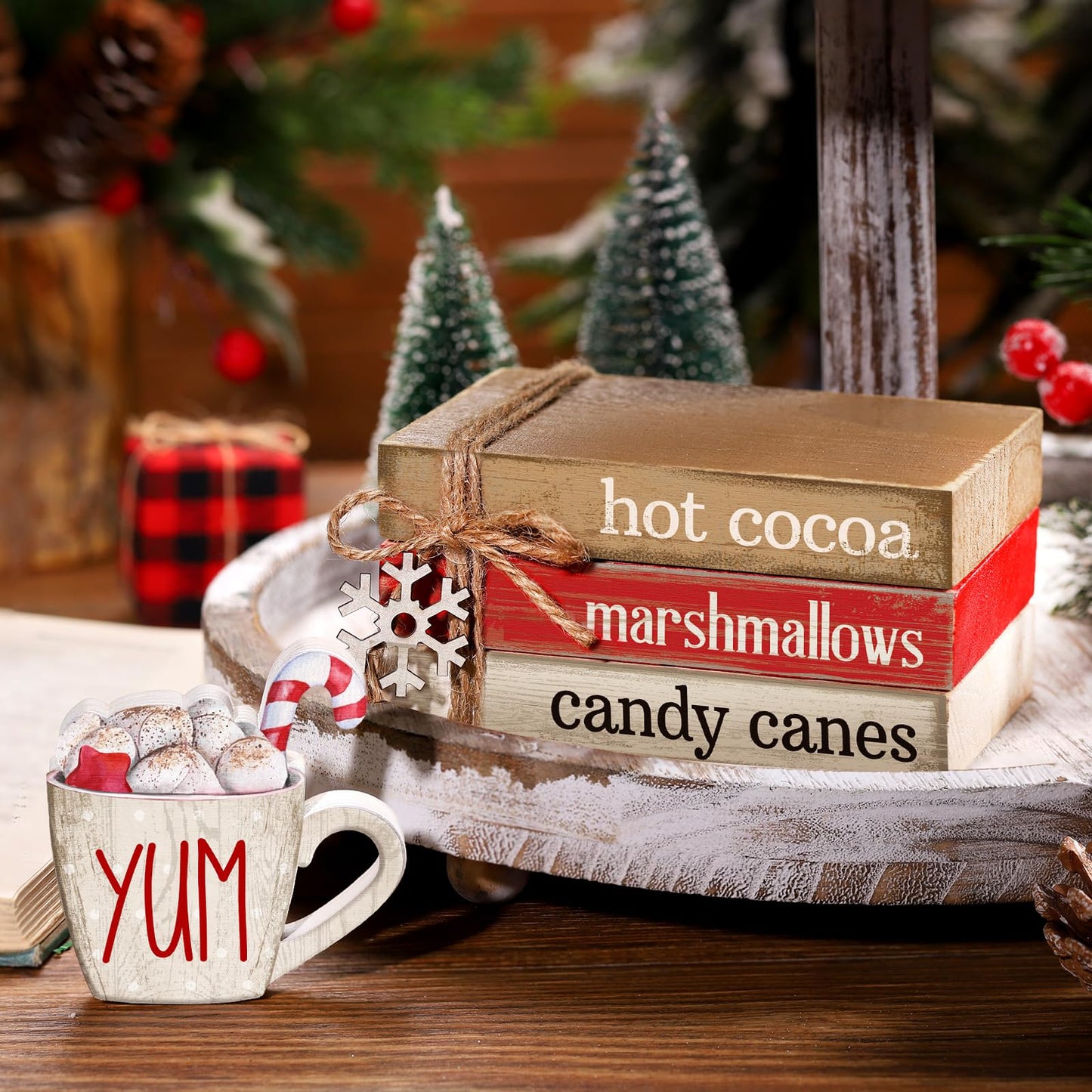 Anglechic 4 Pcs Christmas Table Decorations Winter Snowflake Tiered Tray Decorations Decorative Mini Wooden Books Subject Signs Block Centerpiece for Office Tabletop Shelf Housewarming Gifts