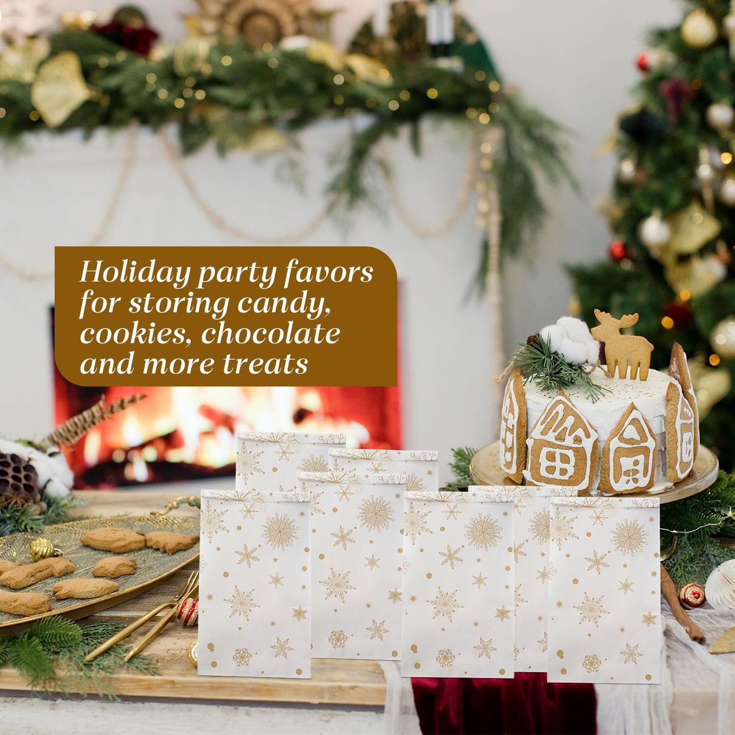 Cholemy 120 Set Winter Christmas Snowflake Gift Bags with Snowflake Sealing Stickers Winter Paper Goodies Treat Cookie Snack Bags for Xmas Holiday Party Favors