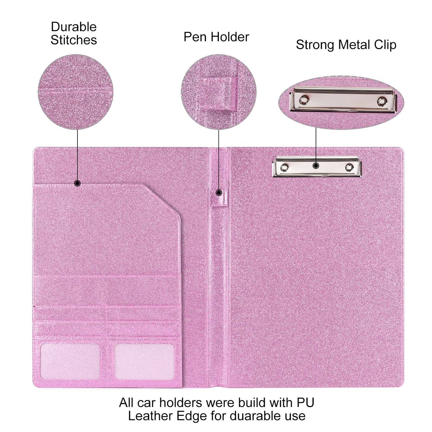 Cacturism Padfolio Portfolio Folder, Foldable Letter Size Clipboard Legal Pad, Bling PU Leather Professional Folio Organizer for Women - Resume Business Document Holder for Job Work Office, Pink