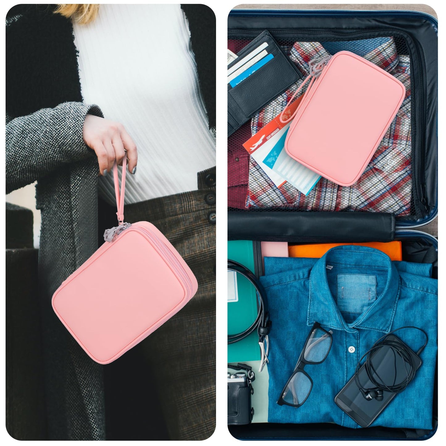 DDgro Electornics Travel Organizer Case for Cable/Cords/Charger/Tech Accessories, Large Pouch Bag for Woman (Pink, PU-Large)