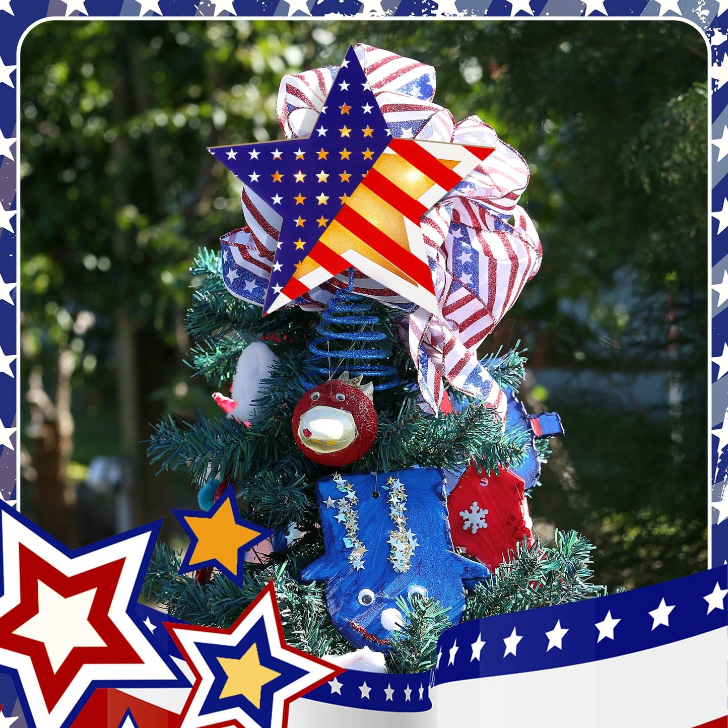 Craftsatin 9.2 Inch 4th of July Tree Topper Wooden Red White and Blue Patriotic 250th Star Tree Topper Happy Independence Day with LED Light for Party Decoration Tabletop Display Birthday Gift