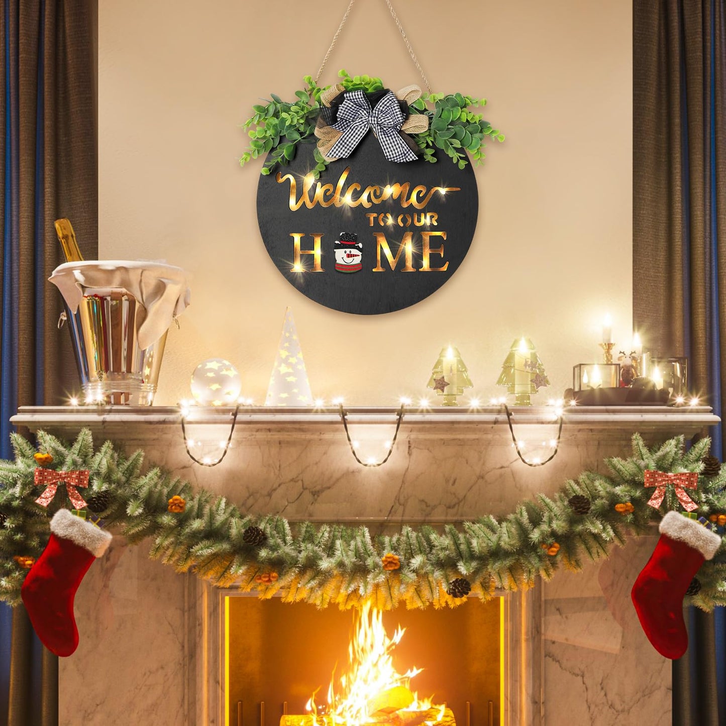 MIPON Interchangeable Welcome Sign for Front Door with LED Light, 17 Changeable Icons 3D Letters, Farmhouse Seasonal Porch Decor Hanging Sign for All Seasons Holiday Decor(Black)